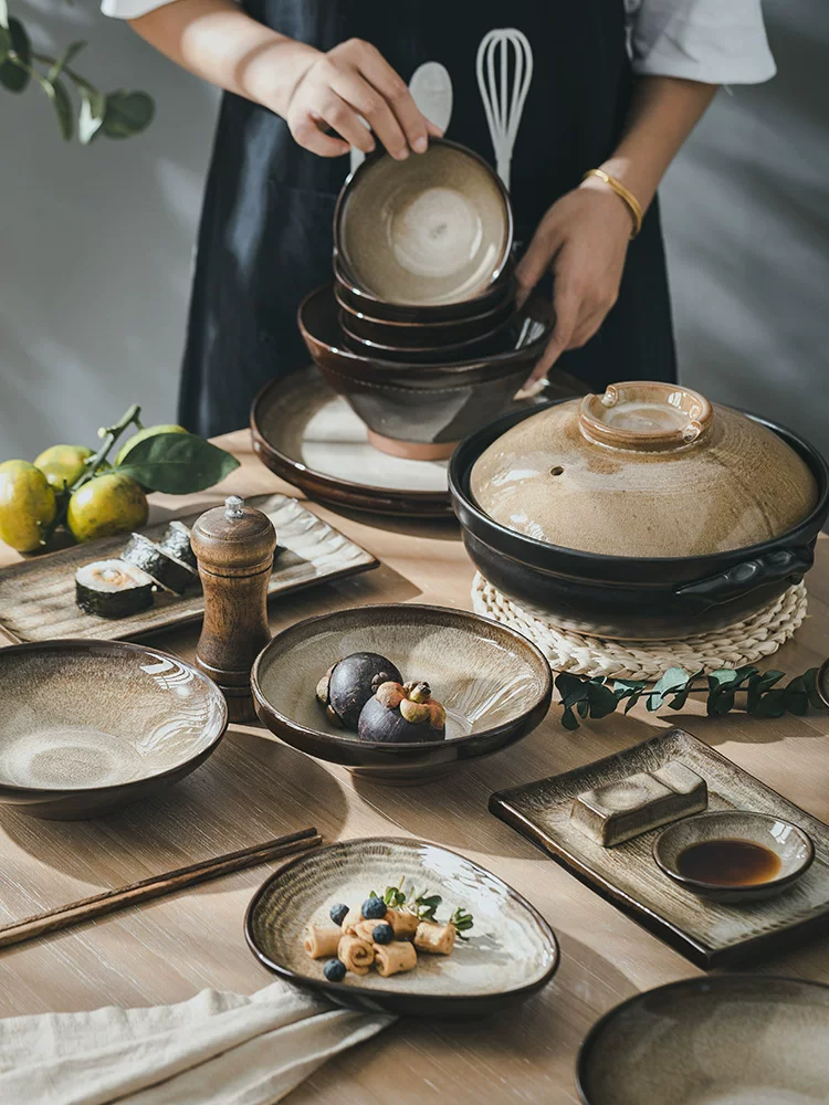 Bộ đồ ăn gia dụng, bộ đồ ăn gốm đất tím Jingdezhen nung lò, đĩa và bát kiểu Nhật cao cấp, phong cách Trung Hoa và Nhật Bản sang trọng nhẹ nhàng.