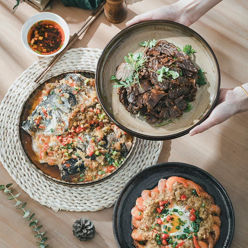 Đĩa ăn gốm sứ sáng tạo với kiểu dáng Nhật Bản tráng men lò nung, đĩa salad và đĩa kiểu Tây dùng trong gia đình, đĩa bít tết cao cấp, bộ đồ ăn phong cách wabi-sabi.