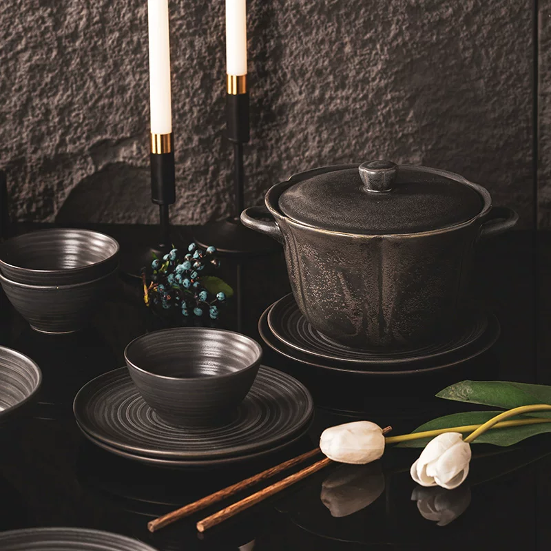 Bộ đồ ăn gốm sứ cổ điển Henghong phong cách Thiền Trung Hoa, bao gồm bát, đĩa, bát mì, nồi súp, bát kiểu Nhật Wabi-Sabi, thiết kế tối giản, dùng trong nhà.