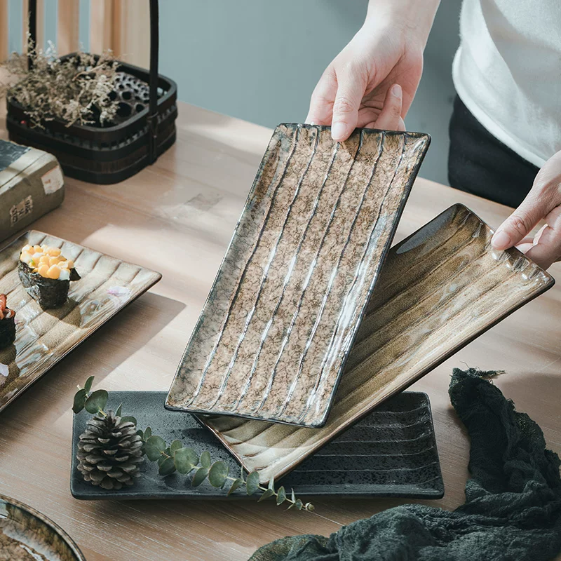 Đĩa hình chữ nhật sáng tạo, đĩa sushi, đĩa sứ cổ điển, đĩa cá gia dụng, đĩa ăn cao cấp, đĩa phẳng, phong cách gỗ tự nhiên.