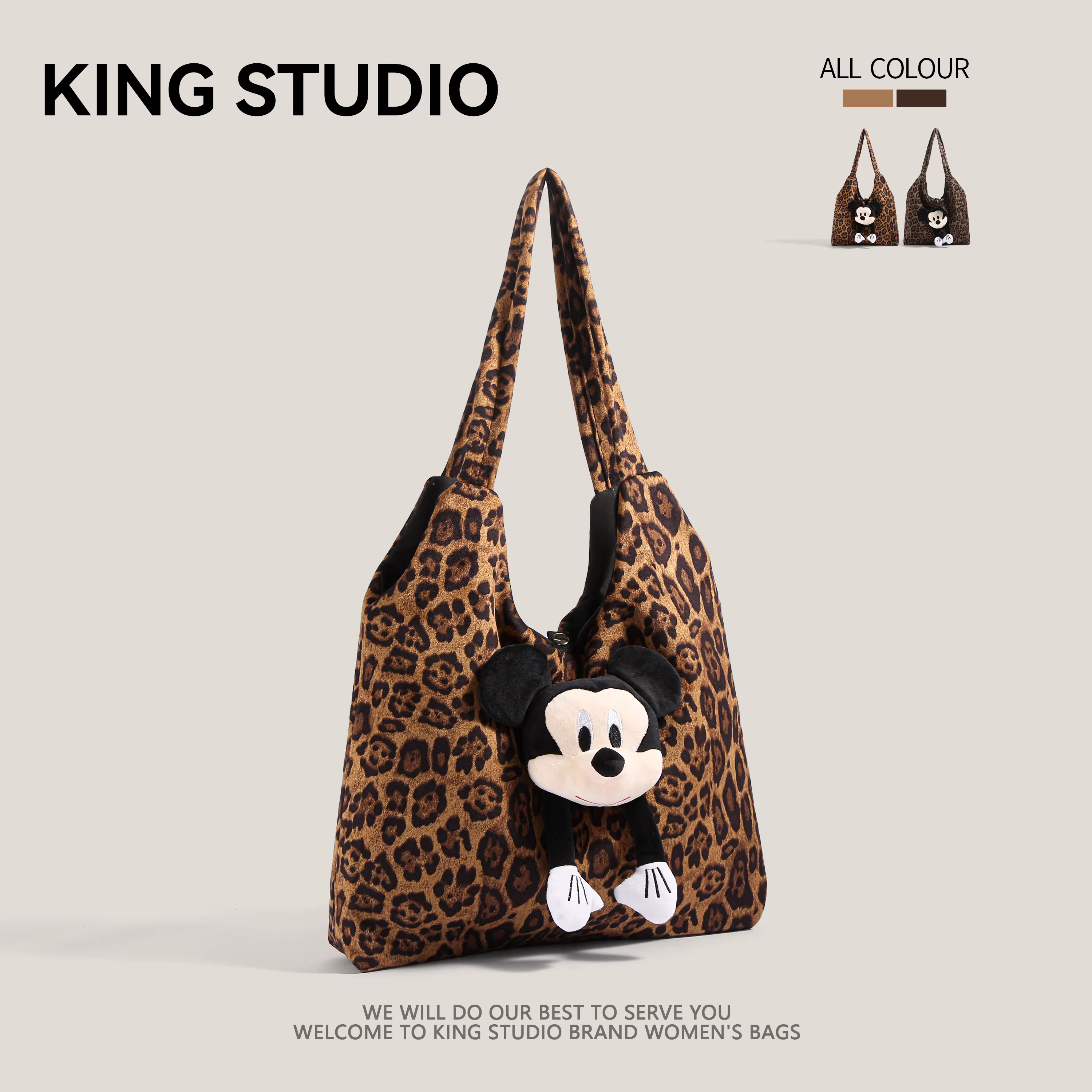 Túi xách họa tiết da báo cỡ lớn dành cho nữ 2025 mẫu mới dễ thương, túi búp bê Mickey lông mềm đa năng, túi đeo vai đi làm