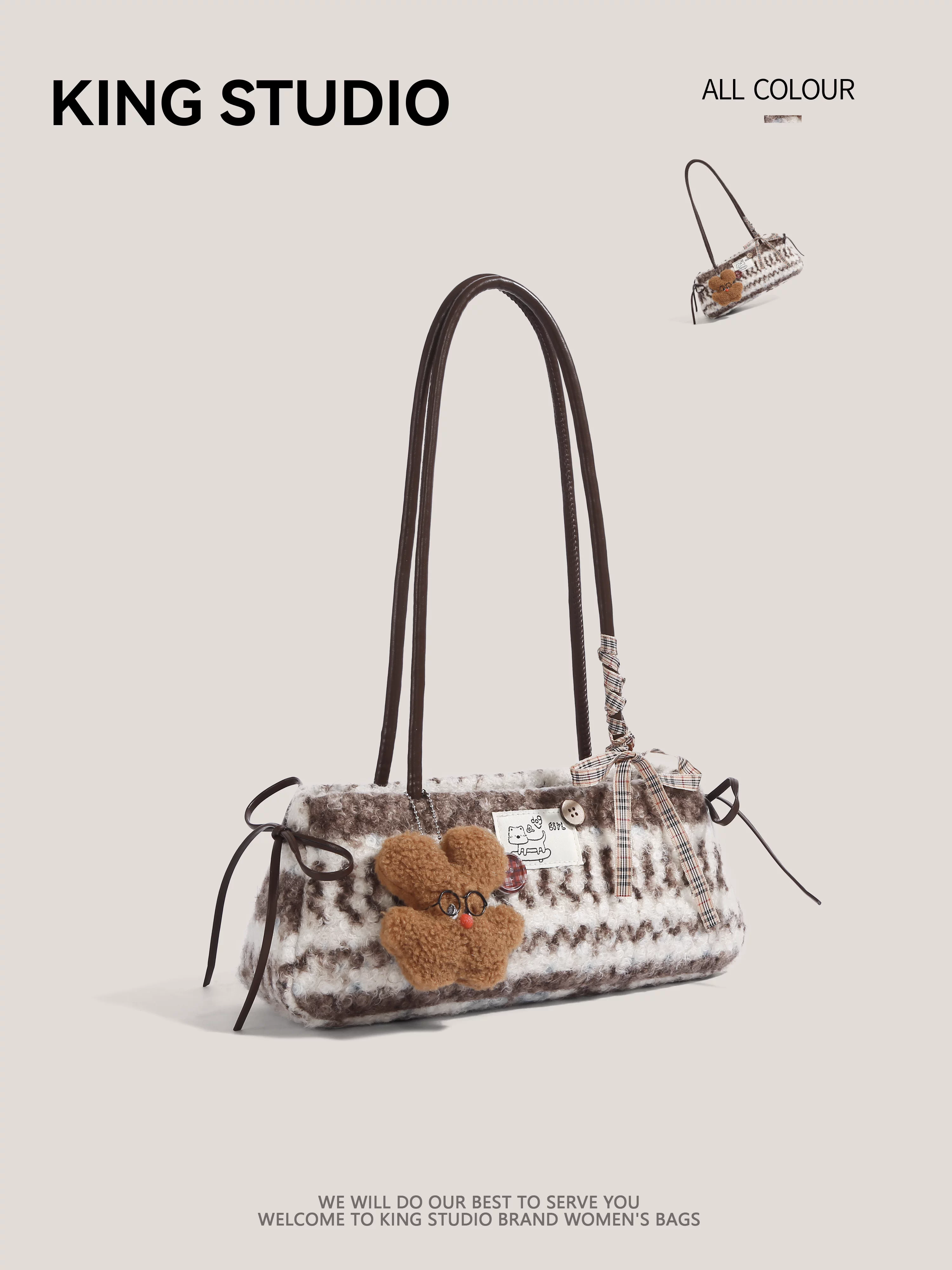 Túi len cừu phong cách Fair Isle dành cho nữ, mẫu mới thu đông 2025, túi đeo nách thời trang độc đáo, túi lông mềm dễ thương đeo một bên vai