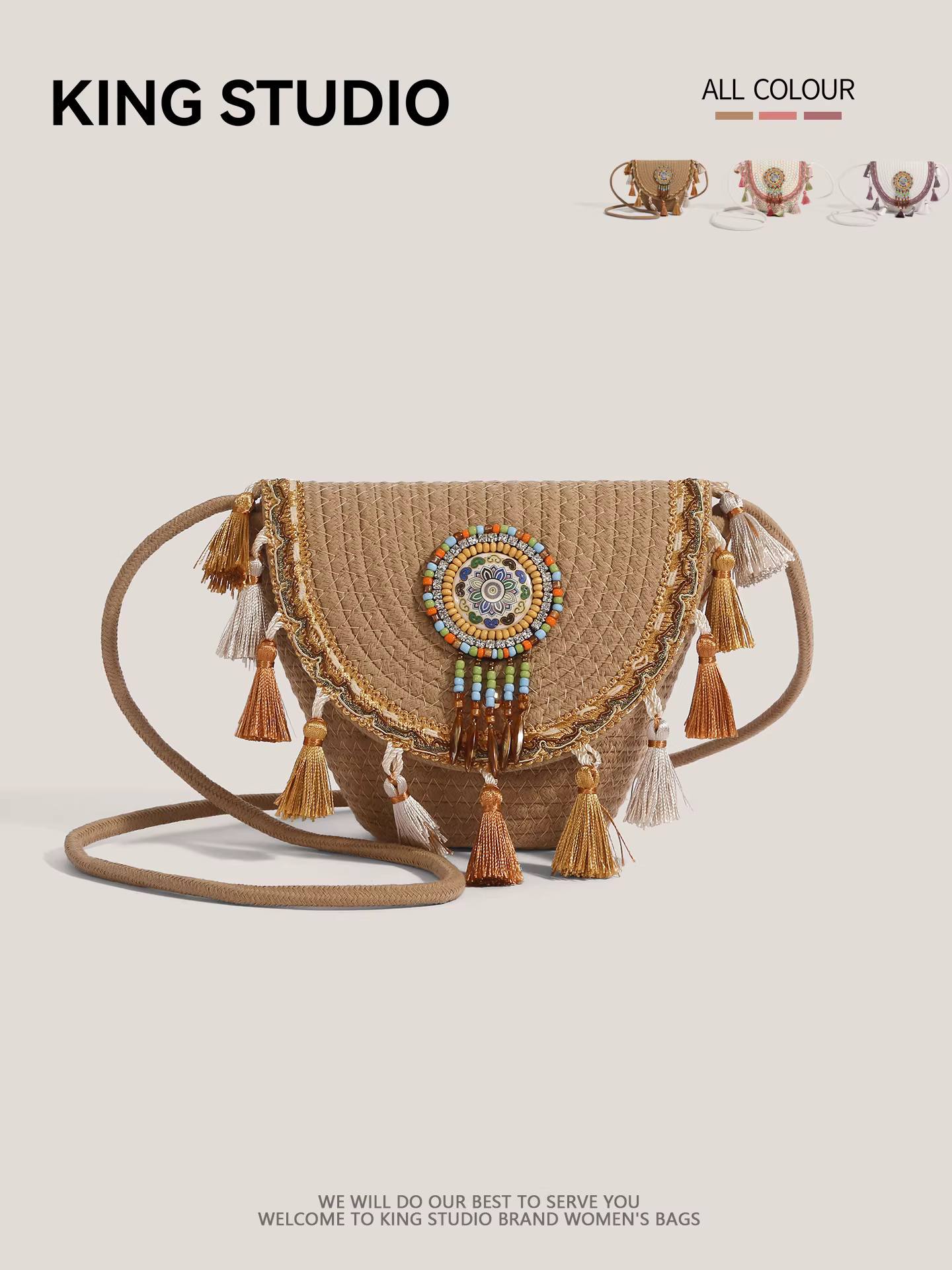 Túi nhỏ tua rua phong cách dân tộc dành cho nữ, mẫu mới 2025, túi đeo vai chéo dệt kiểu xô cao cấp, độc đáo