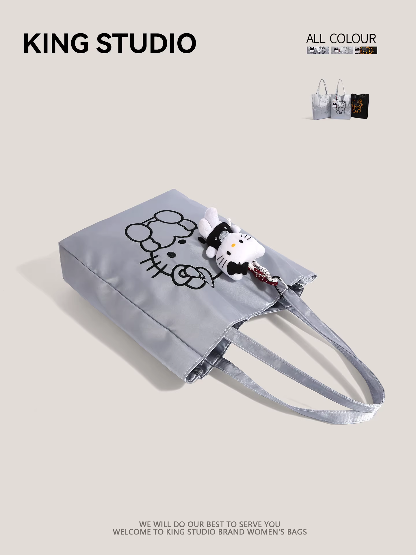 Túi tote bạc HelloKitty dễ thương, dung tích lớn, túi đeo vai hoạt hình Hello Kitty, túi mua sắm cầm tay