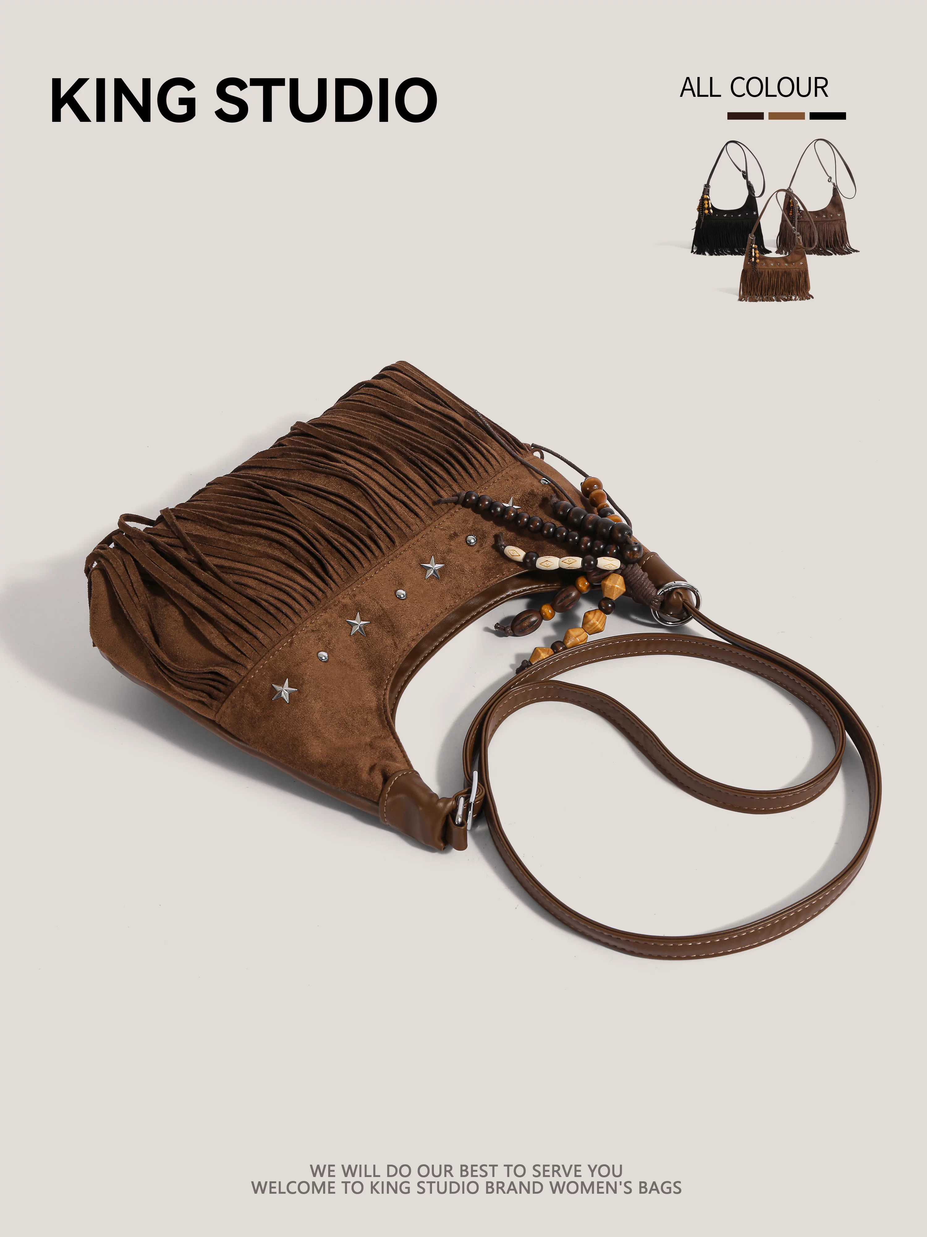 Túi đeo chéo da lộn mờ phong cách retro dành cho nữ, mẫu mới thu đông 2025, đa năng, kiểu boho, có tua rua