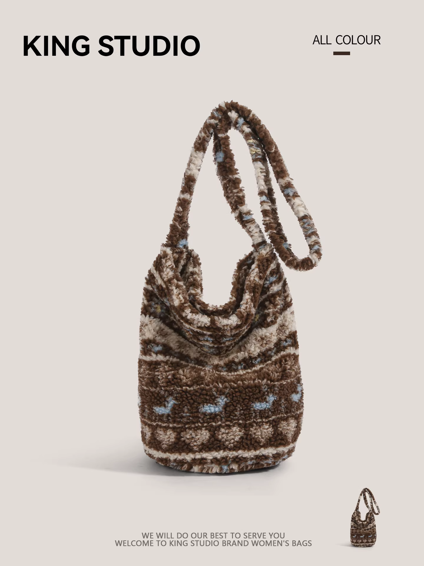 Túi xách lông cừu phong cách Fair Isle dành cho nữ, mẫu mới 2026, thời trang Hàn Quốc, túi đeo vai kiểu xô, dung tích lớn