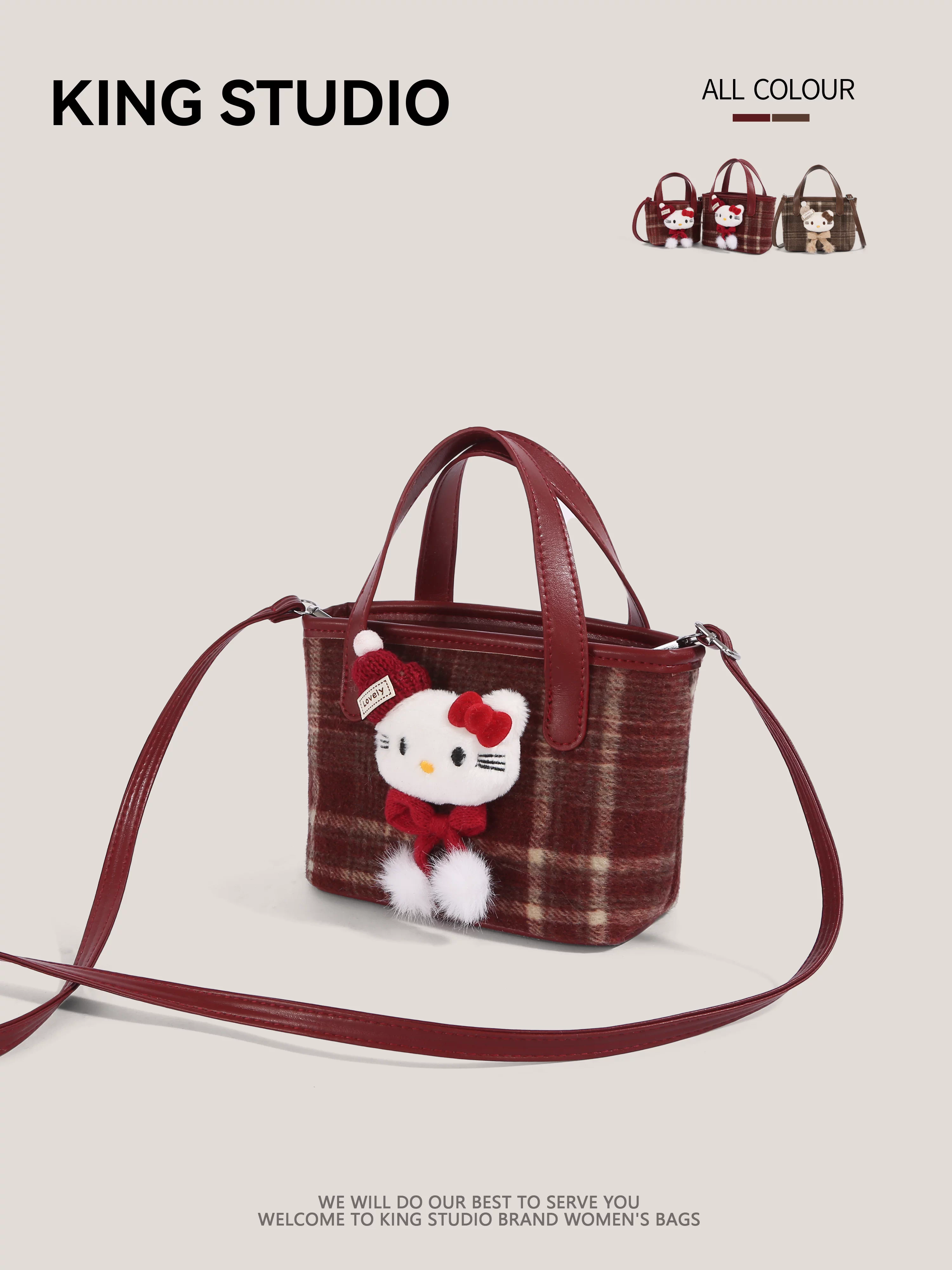 Túi xách Hello Kitty dễ thương dành cho nữ, kiểu mới 2026, chất liệu len kẻ caro hoạt hình, đeo vai/chéo