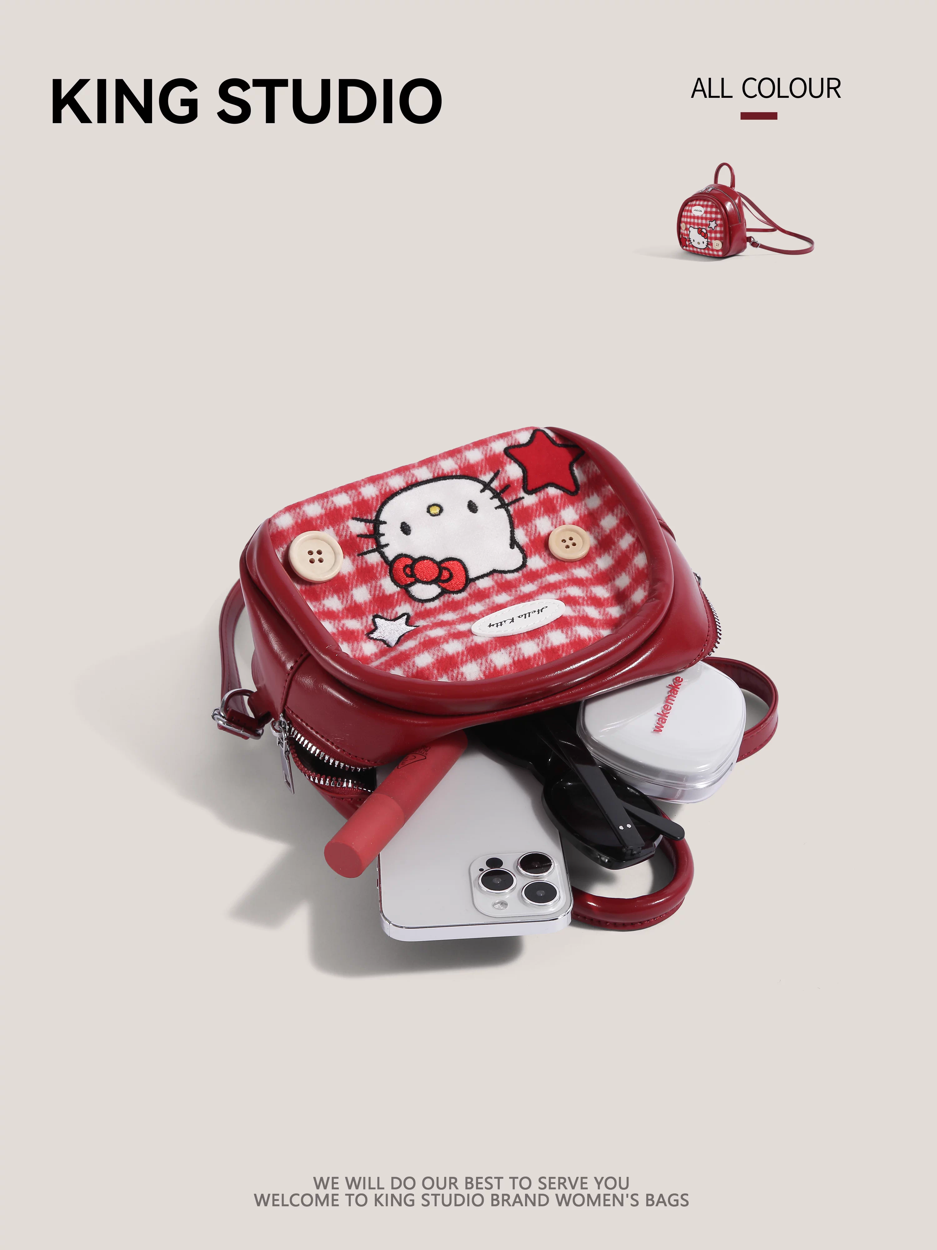 Ba lô Hello Kitty dễ thương dành cho nữ, mẫu mới 2026, họa tiết hoạt hình Hello Kitty độc đáo, ba lô mini kẻ caro dành cho học sinh