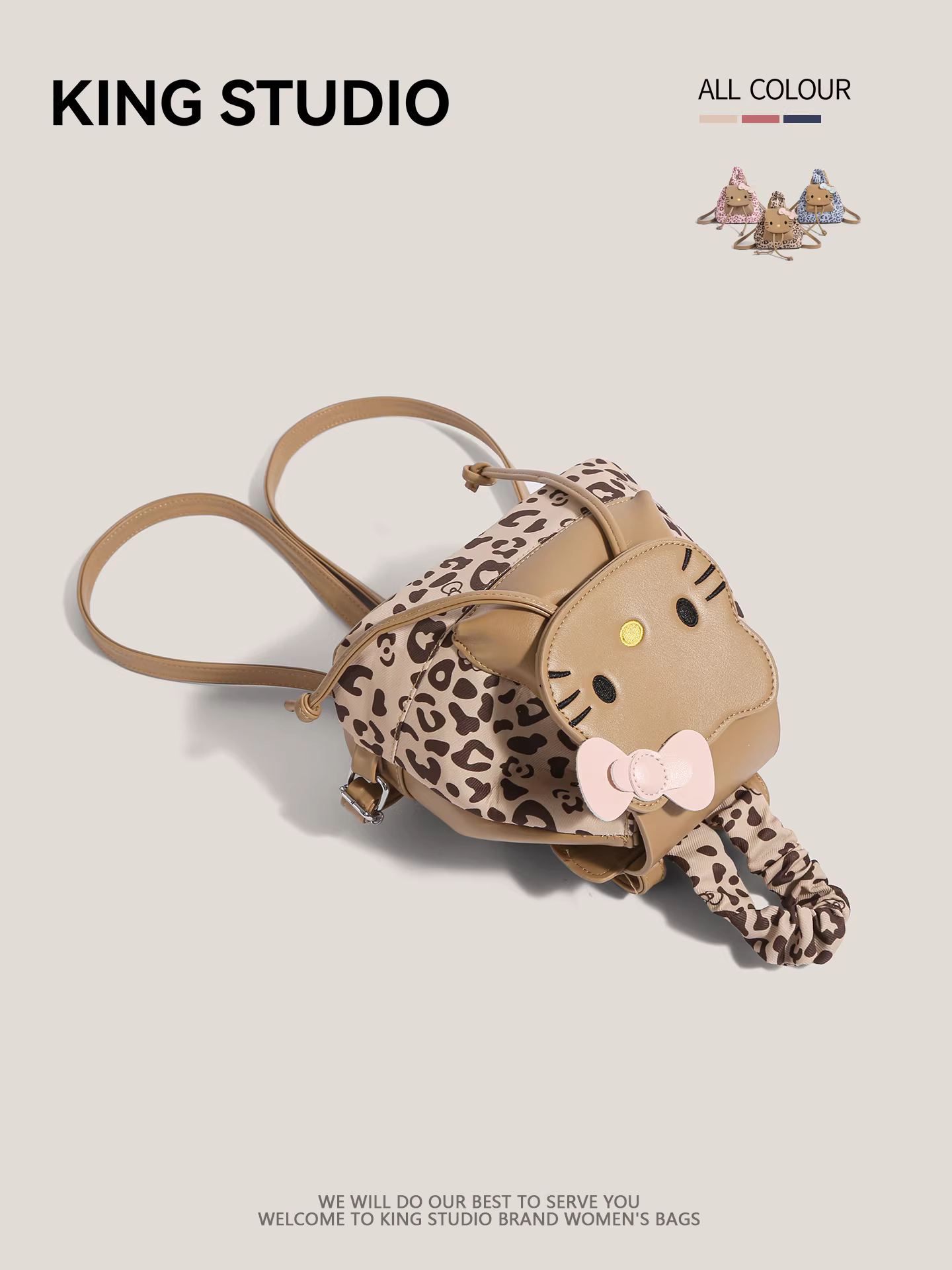 Ba lô in hình báo đốm Hello Kitty dễ thương dành cho nữ, mẫu mới 2025, phong cách thời trang đại học, ba lô mini hoạt hình Hello Kitty