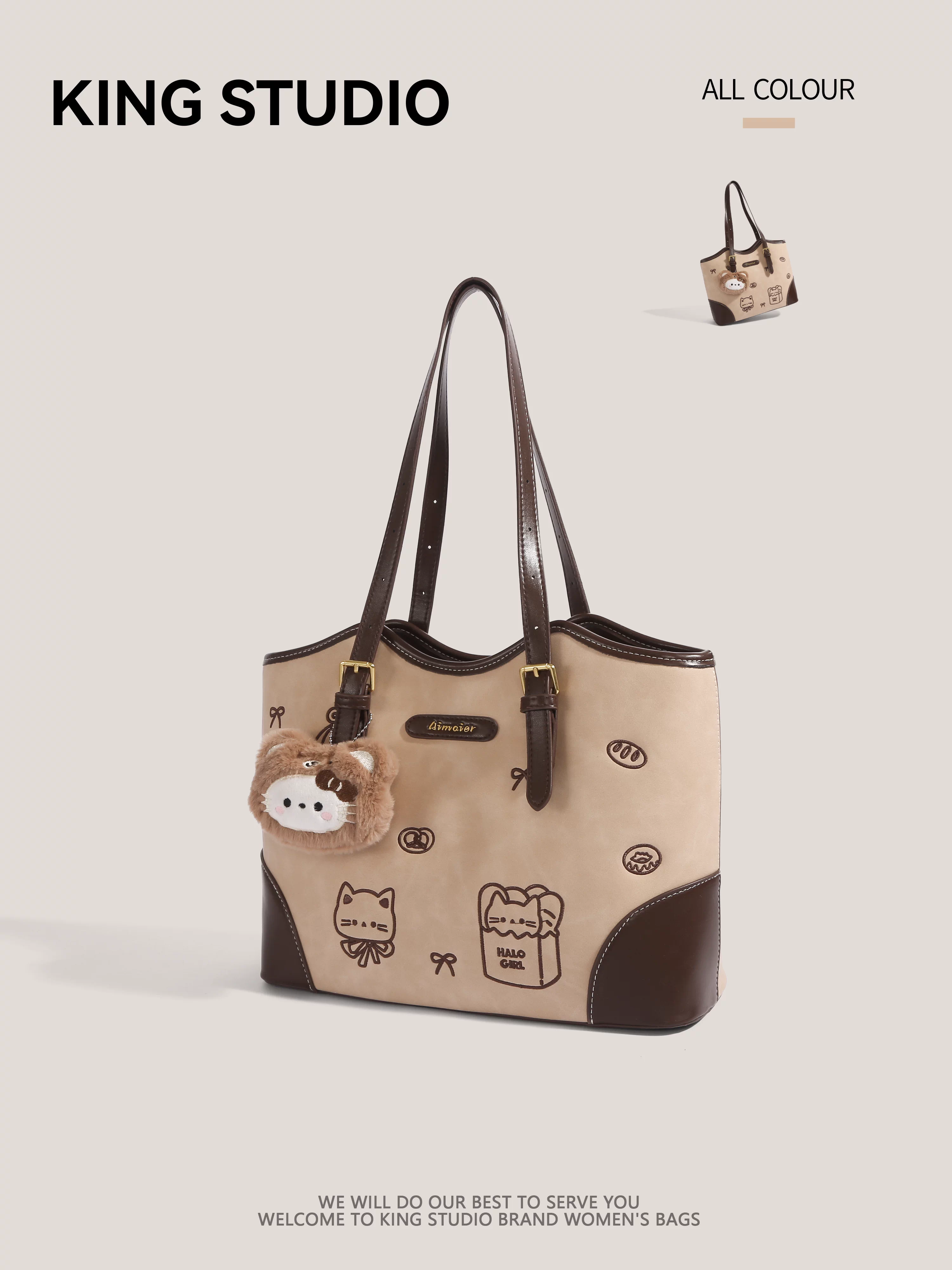 Túi tote hình mèo con dễ thương dành cho nữ, mẫu mới thu đông 2025, hoạt hình đa năng, túi đeo vai, dung tích lớn, túi đi làm