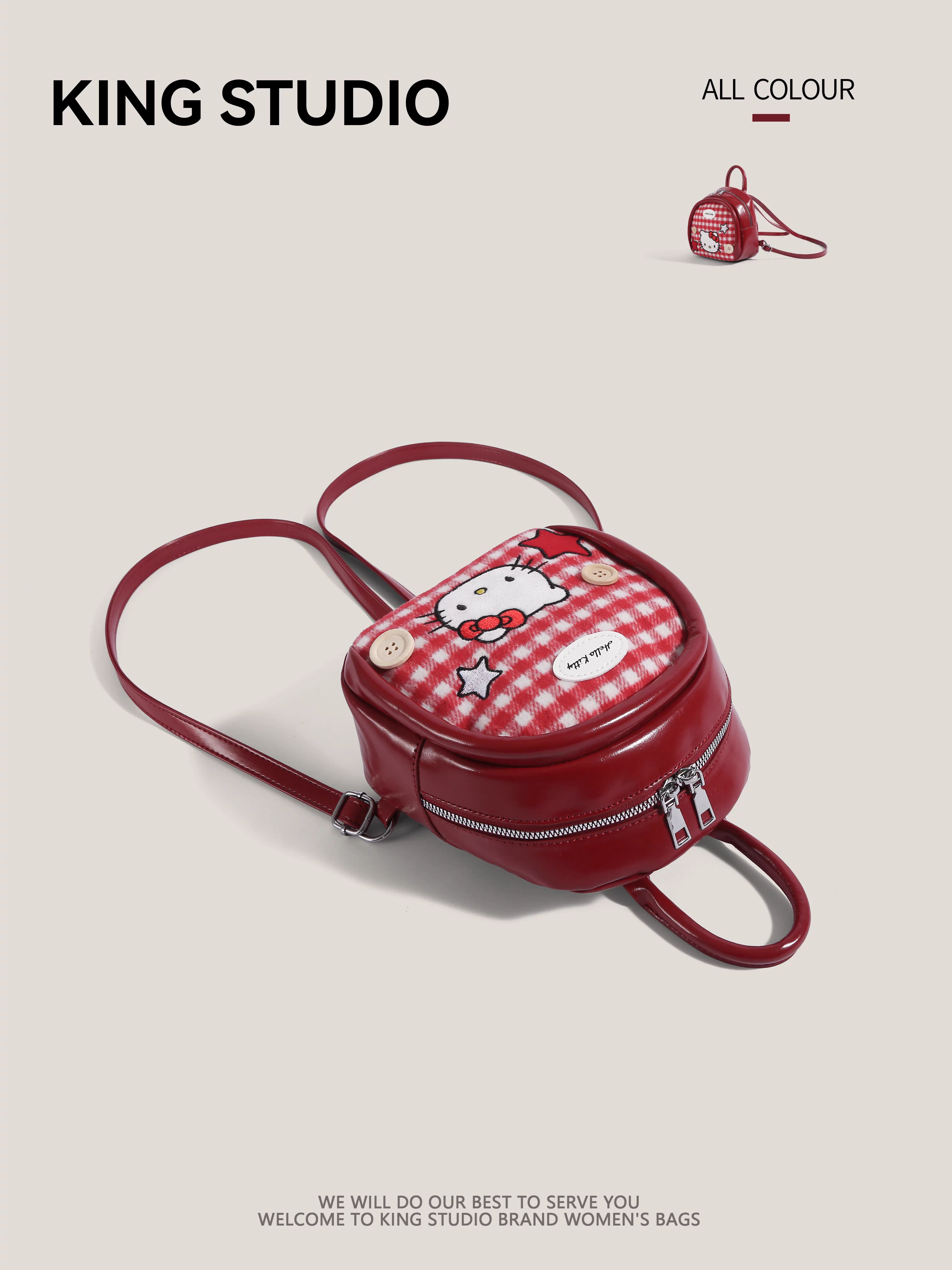 Ba lô Hello Kitty dễ thương dành cho nữ, mẫu mới 2026, họa tiết hoạt hình Hello Kitty độc đáo, ba lô mini kẻ caro dành cho học sinh