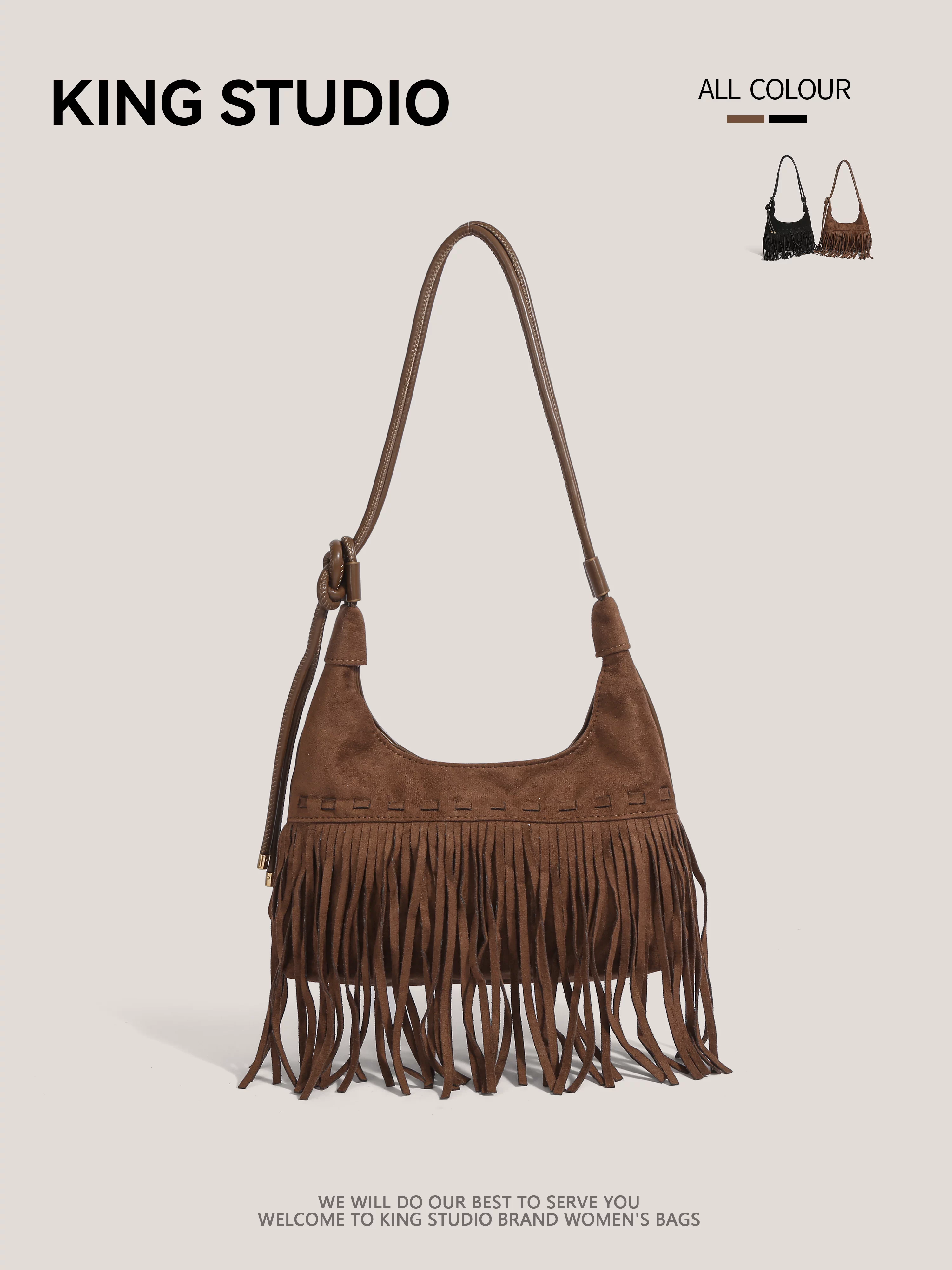 Túi đeo chéo da lộn cao cấp dành cho nữ, kiểu mới thu đông 2025, phong cách boho retro, có tua rua