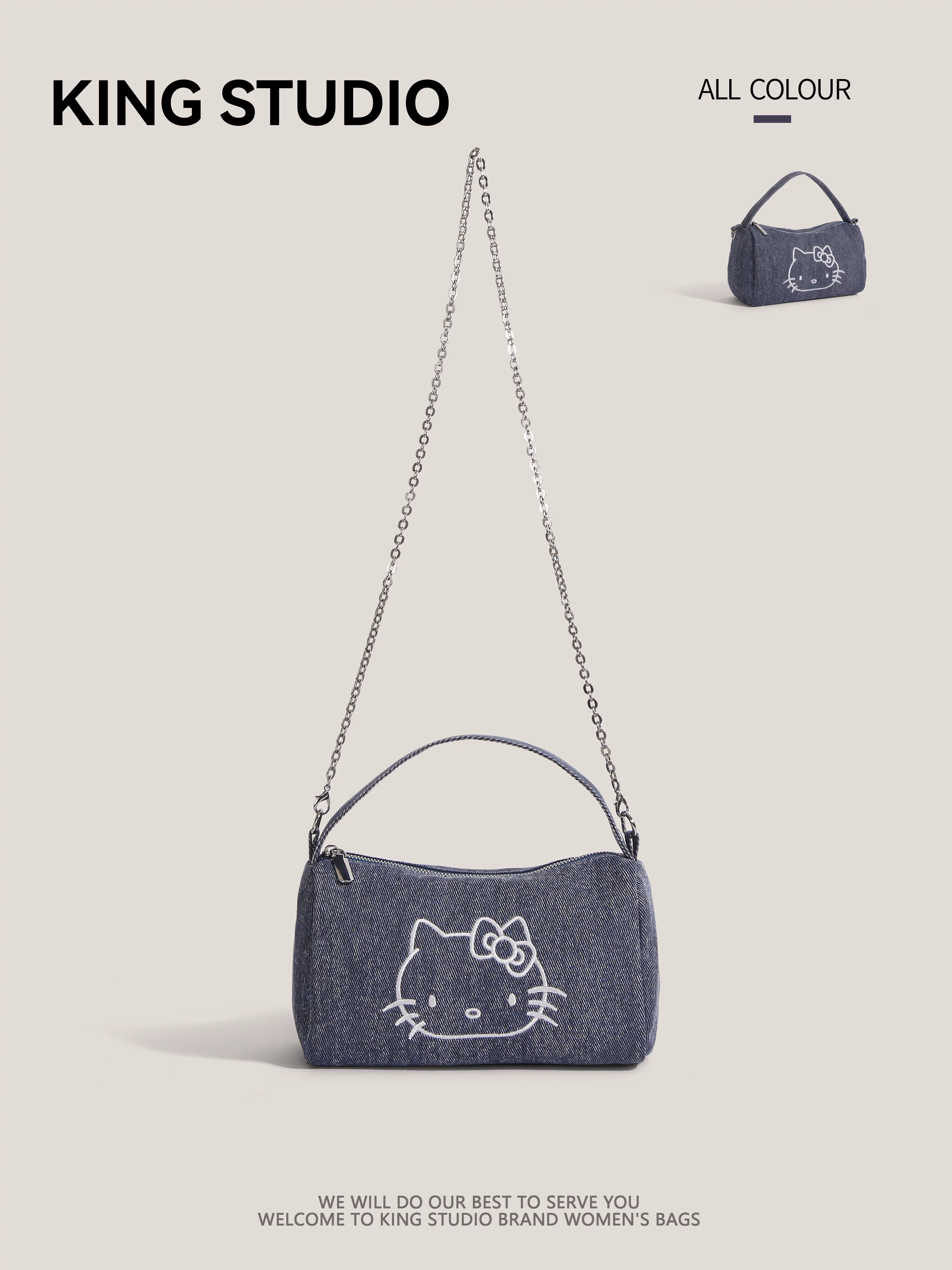 Túi denim Hello Kitty dành cho nữ, túi xách đeo chéo hình Hello Kitty hoạt hình dễ thương, túi đeo vai