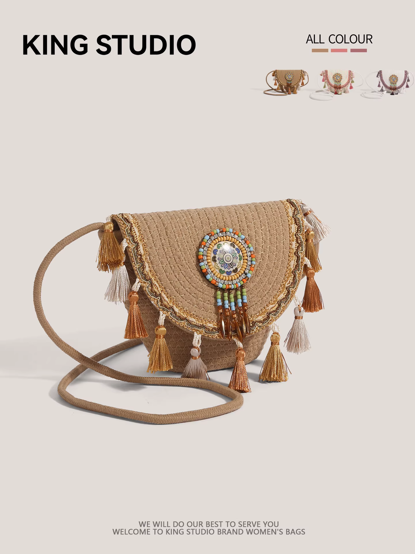 Túi nhỏ tua rua phong cách dân tộc dành cho nữ, mẫu mới 2025, túi đeo vai chéo dệt kiểu xô cao cấp, độc đáo