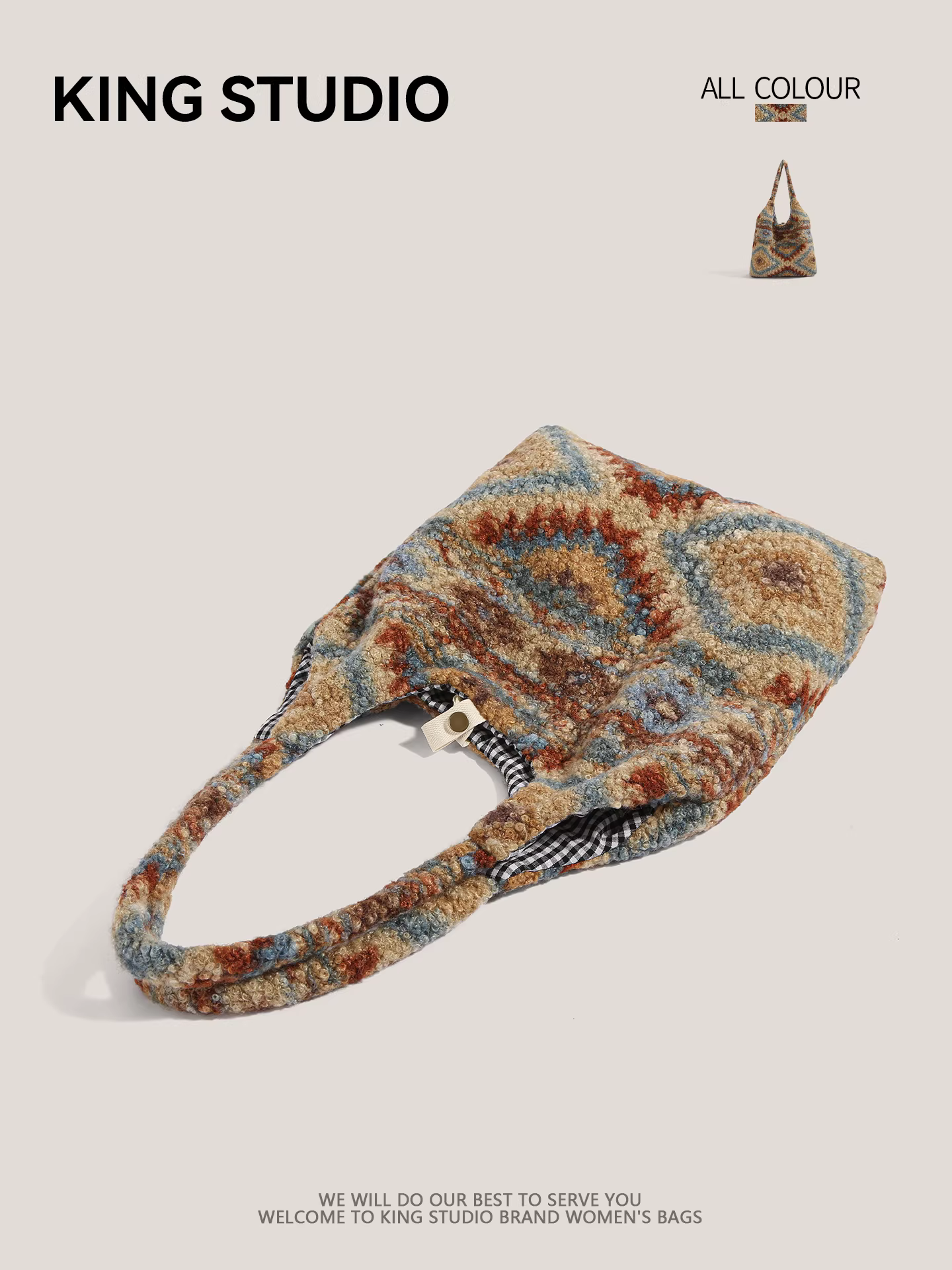 Túi đeo vai nữ phong cách dân tộc retro kẻ ca rô lông mềm, mẫu mới 2026, dung tích lớn, đa năng, kiểu dáng độc đáo