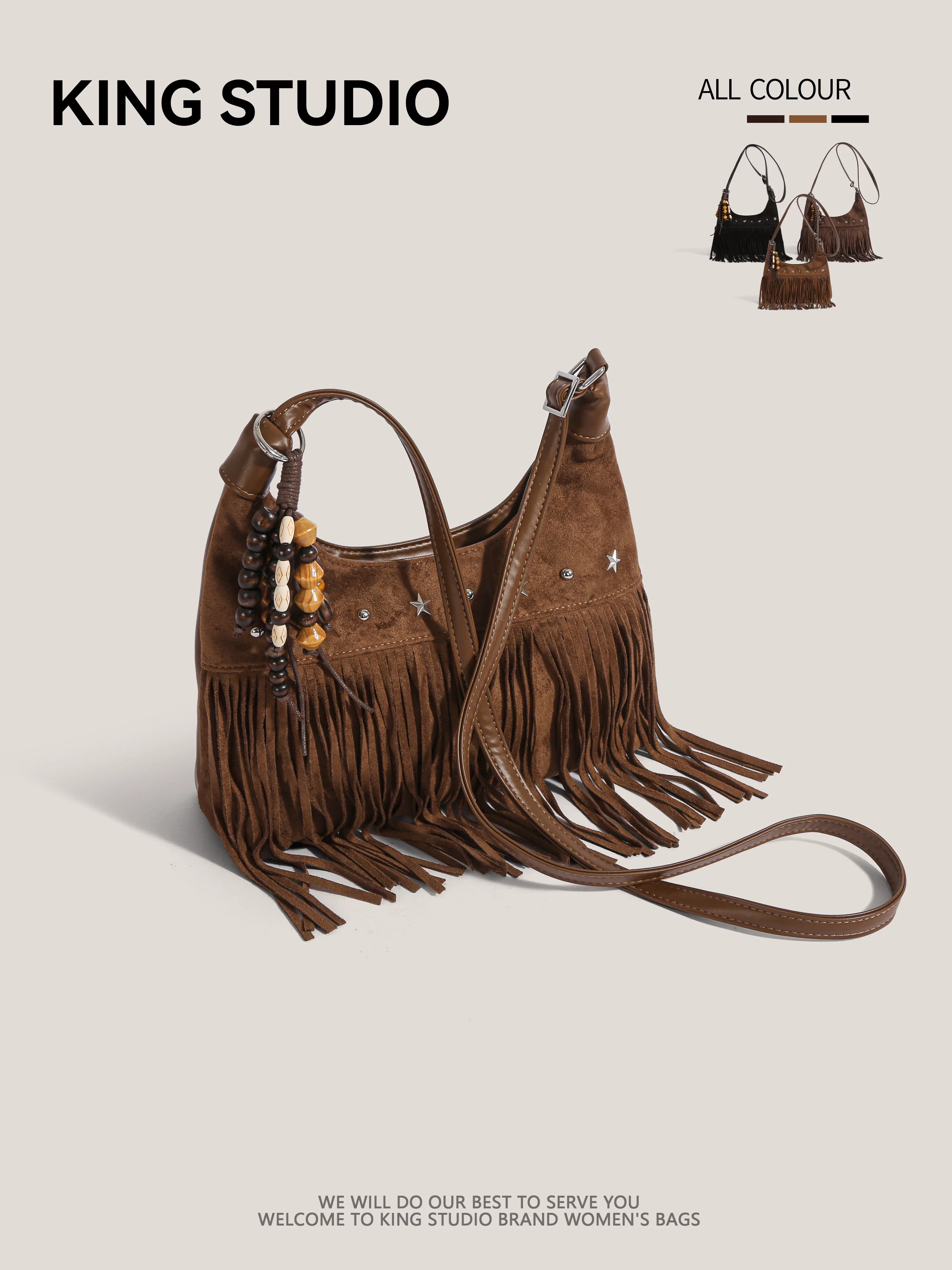 Túi đeo chéo da lộn mờ phong cách retro dành cho nữ, mẫu mới thu đông 2025, đa năng, kiểu boho, có tua rua