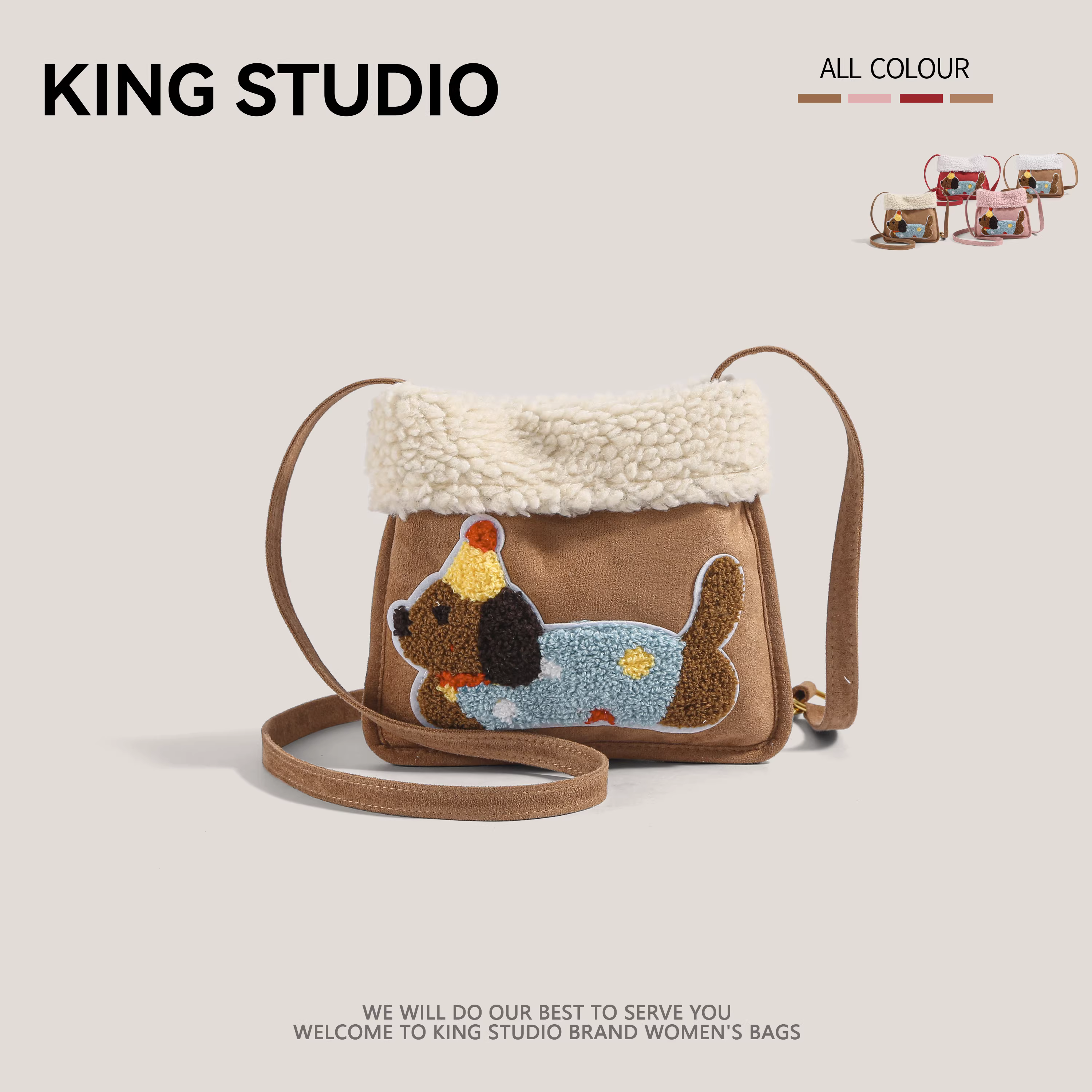 Túi đeo vai len cừu mùa thu đông dành cho nữ 2025 mẫu mới hình chó dachshund hoạt hình dễ thương, túi đeo chéo, túi đựng điện thoại