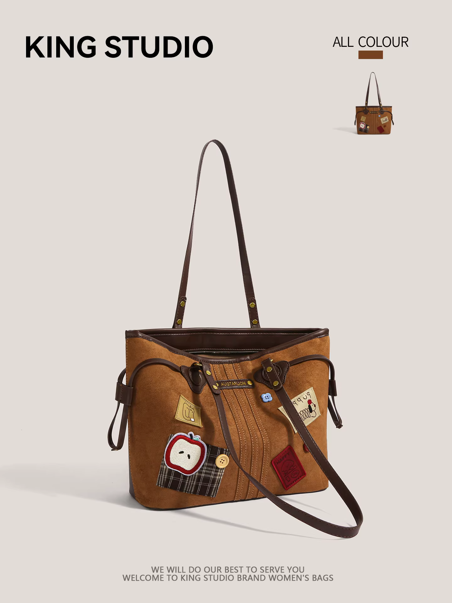 Túi xách cỡ lớn phong cách Maillard dành cho nữ, mẫu mới thu đông 2025, thời trang retro, chất liệu da lộn, họa tiết hoạt hình, túi tote đi làm