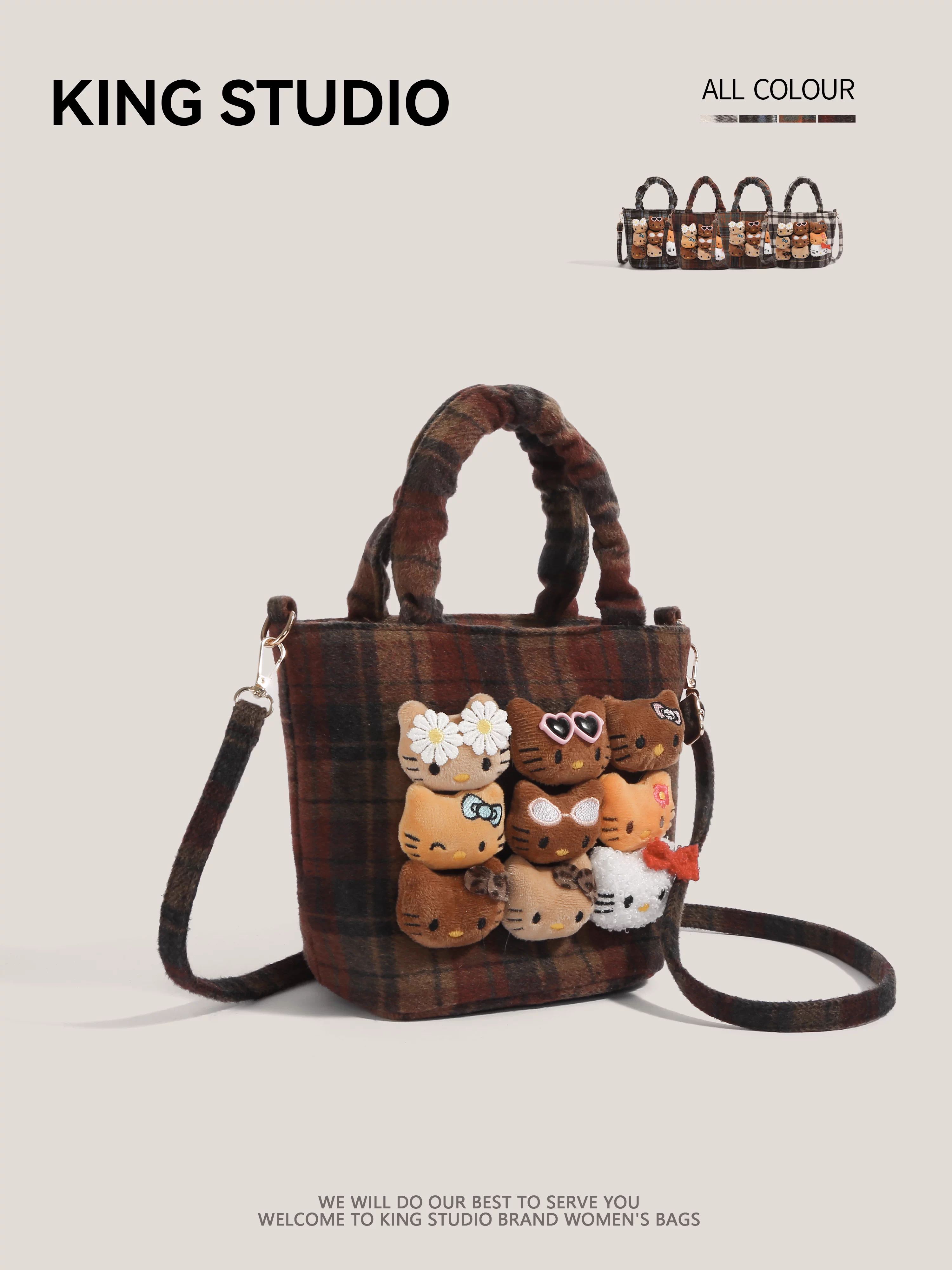 Túi xách len Hello Kitty dễ thương dành cho nữ, mẫu mới 2026, kiểu kẻ caro retro đa năng, đeo vai, đeo chéo