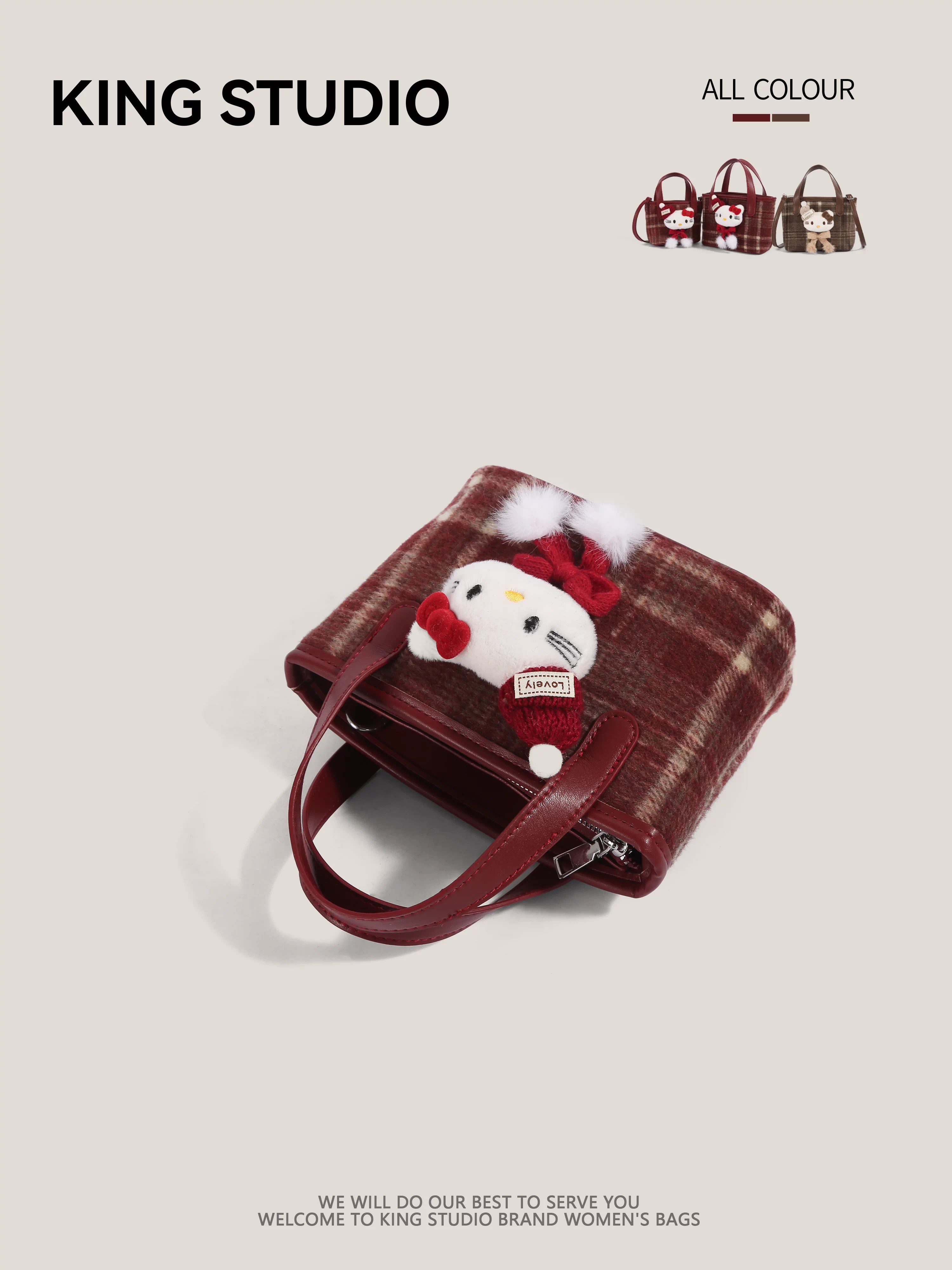 Túi xách Hello Kitty dễ thương dành cho nữ, kiểu mới 2026, chất liệu len kẻ caro hoạt hình, đeo vai/chéo