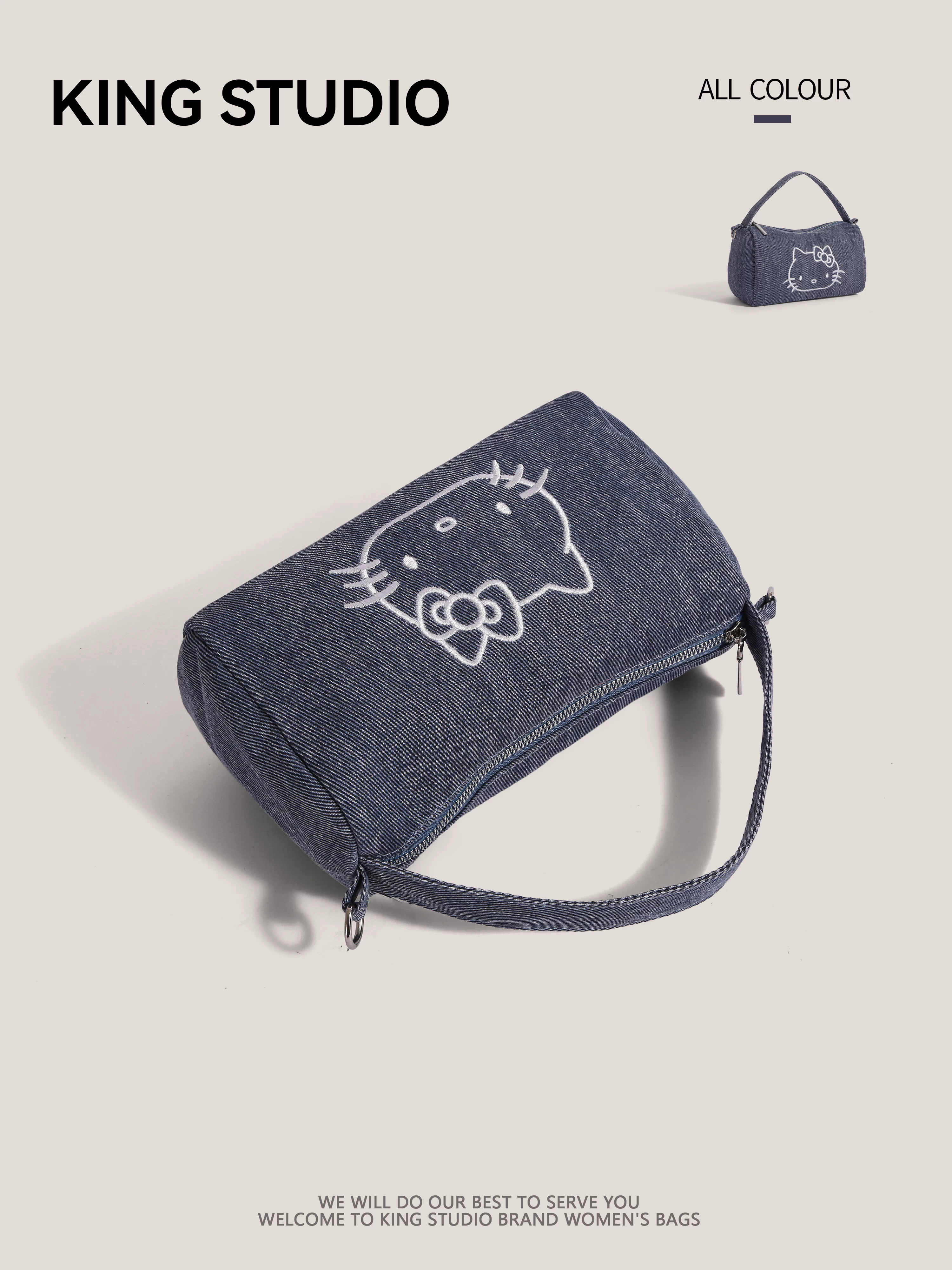 Túi denim Hello Kitty dành cho nữ, túi xách đeo chéo hình Hello Kitty hoạt hình dễ thương, túi đeo vai