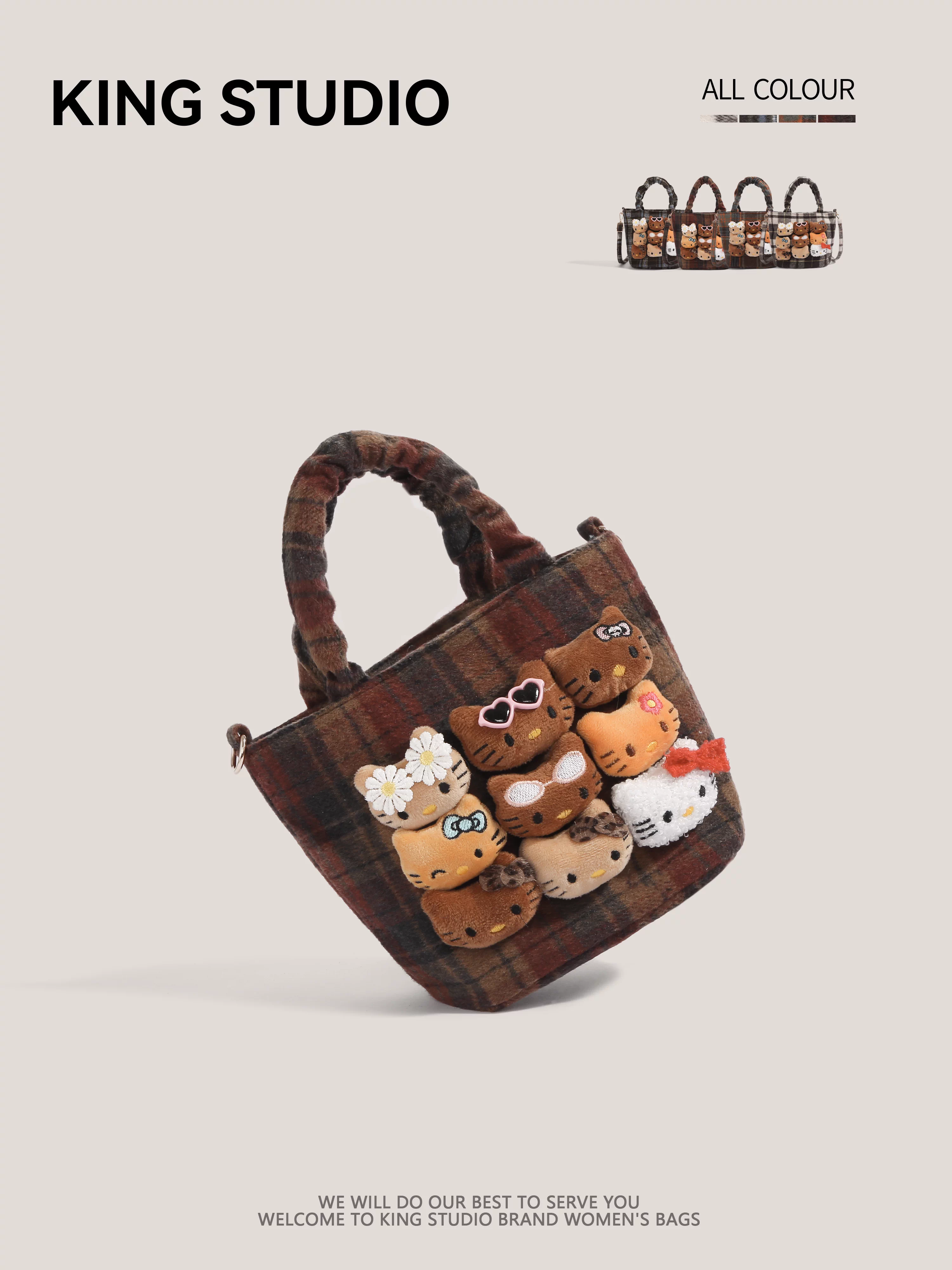 Túi xách len Hello Kitty dễ thương dành cho nữ, mẫu mới 2026, kiểu kẻ caro retro đa năng, đeo vai, đeo chéo