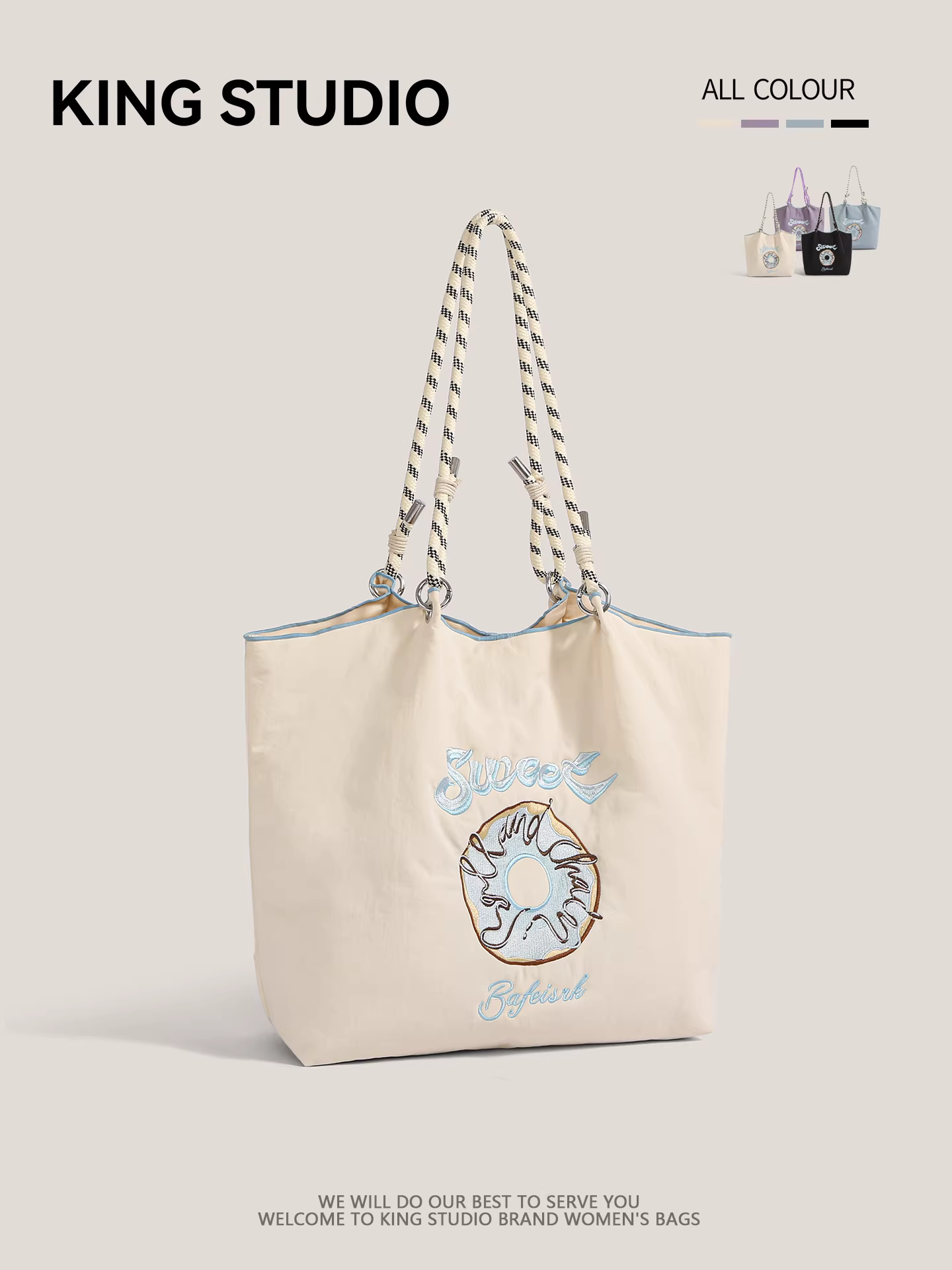 Túi vải thêu hình bánh rán dành cho nữ 2025 mới hợp thời trang túi đeo vai sức chứa lớn đi làm học sinh túi đựng đồ học tập túi tote