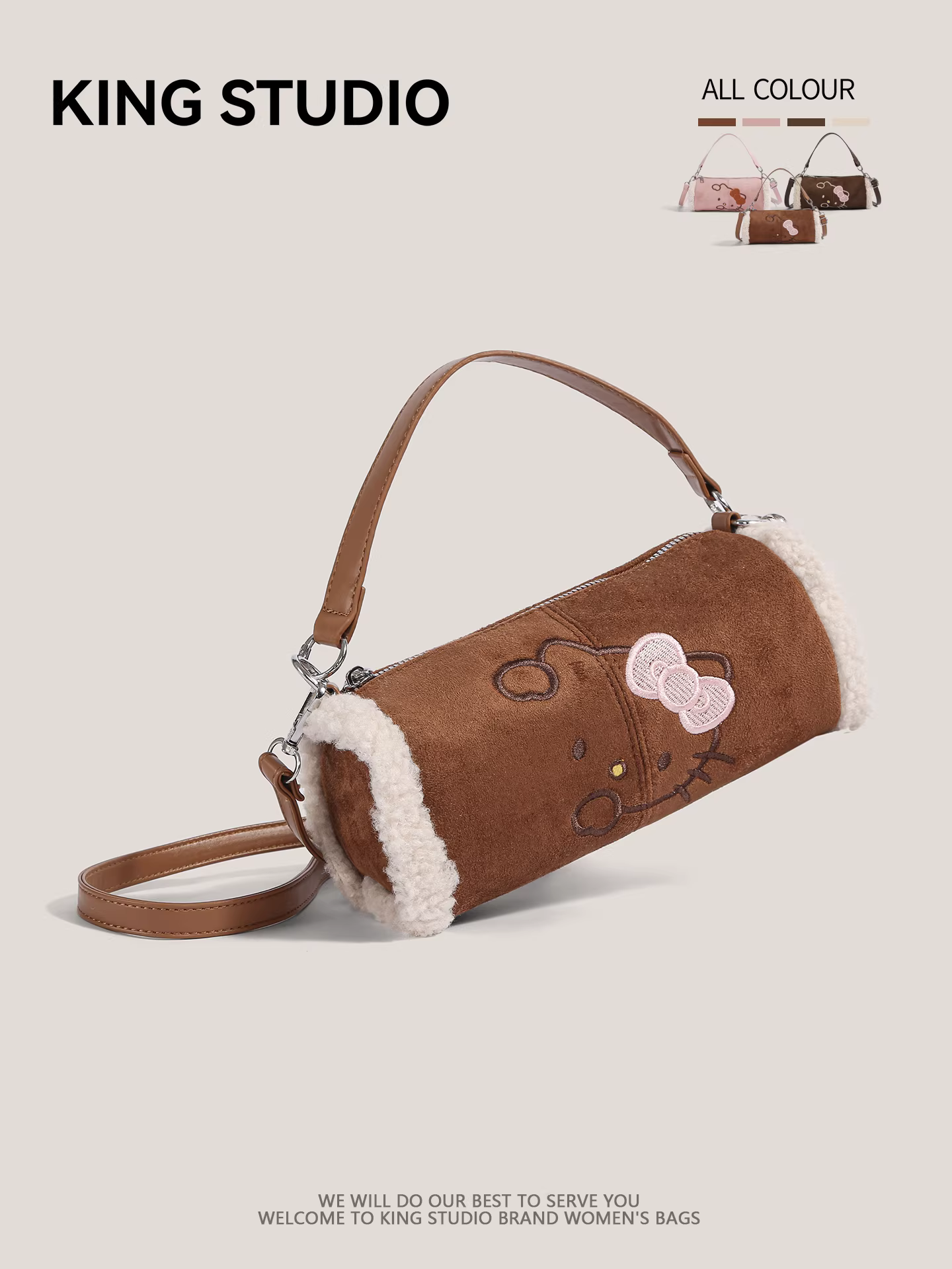 Túi Hello Kitty dễ thương dành cho nữ, mẫu mới 2025, phong cách retro thời thượng, túi hình trụ đeo vai/chéo