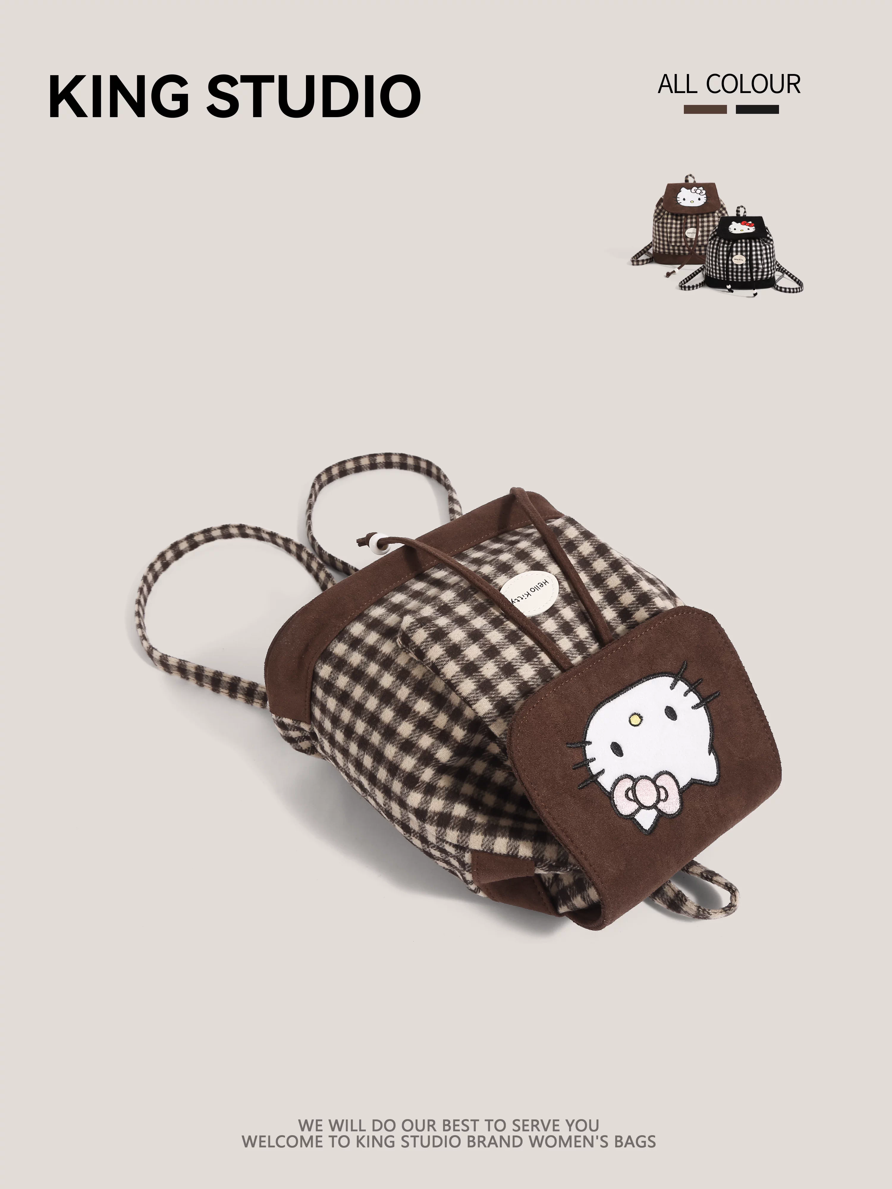 Ba lô Hello Kitty kẻ caro dễ thương dành cho nữ, mẫu mới 2025, thời trang hoạt hình Kitty, đa năng, dùng đi làm