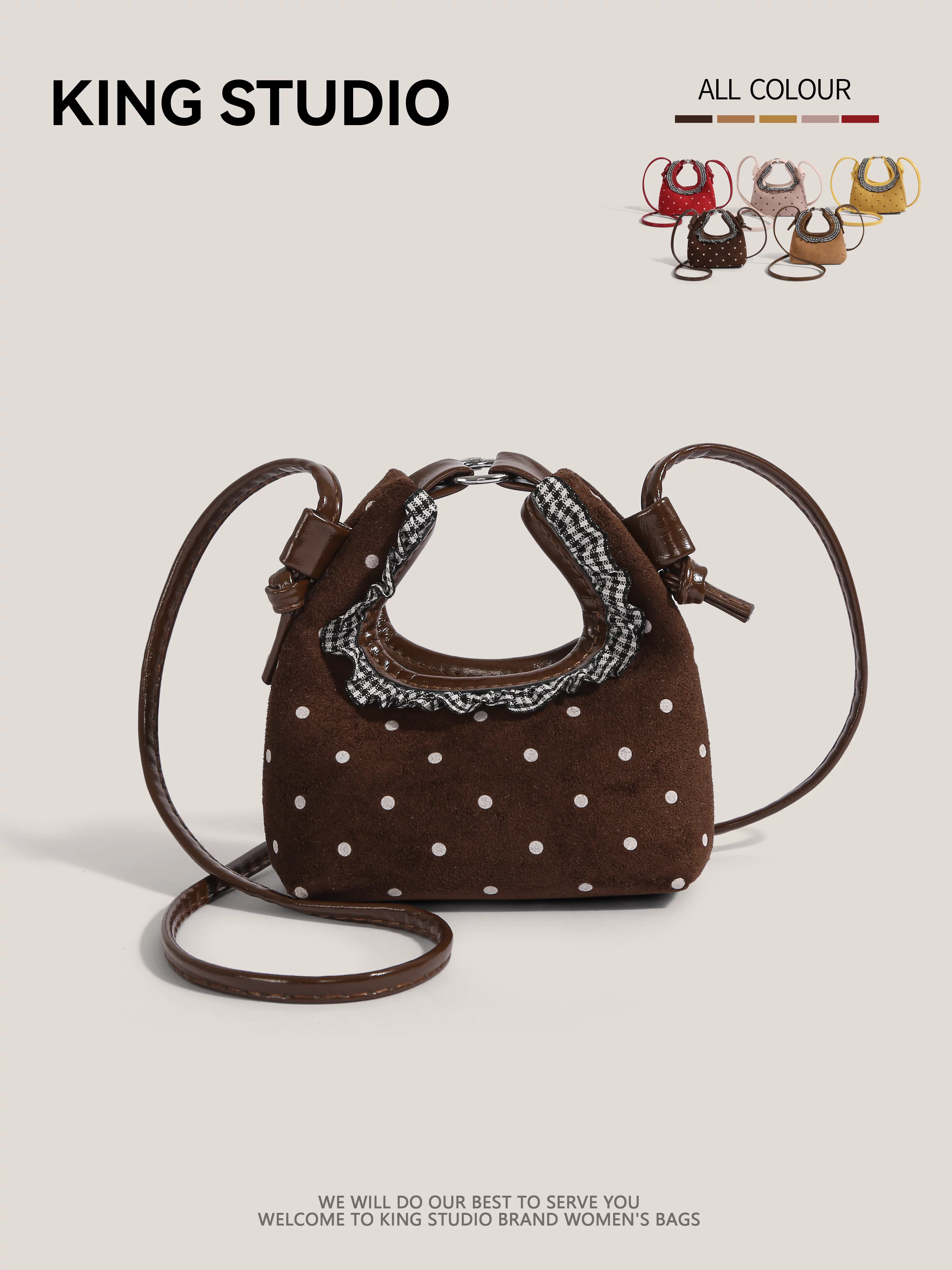 Túi nhỏ chấm bi da lộn dành cho nữ thời trang mới 2025, túi bánh bao viền ren mini, túi đeo vai chéo có họa tiết