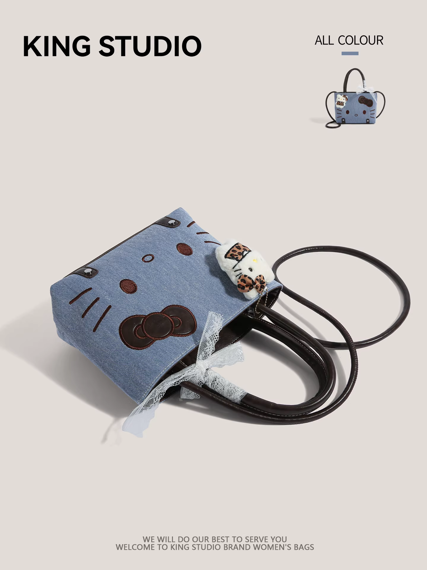 Túi xách denim Hello Kitty dễ thương dành cho nữ, mẫu mới 2025, thời trang, đa năng, đeo vai, đeo chéo