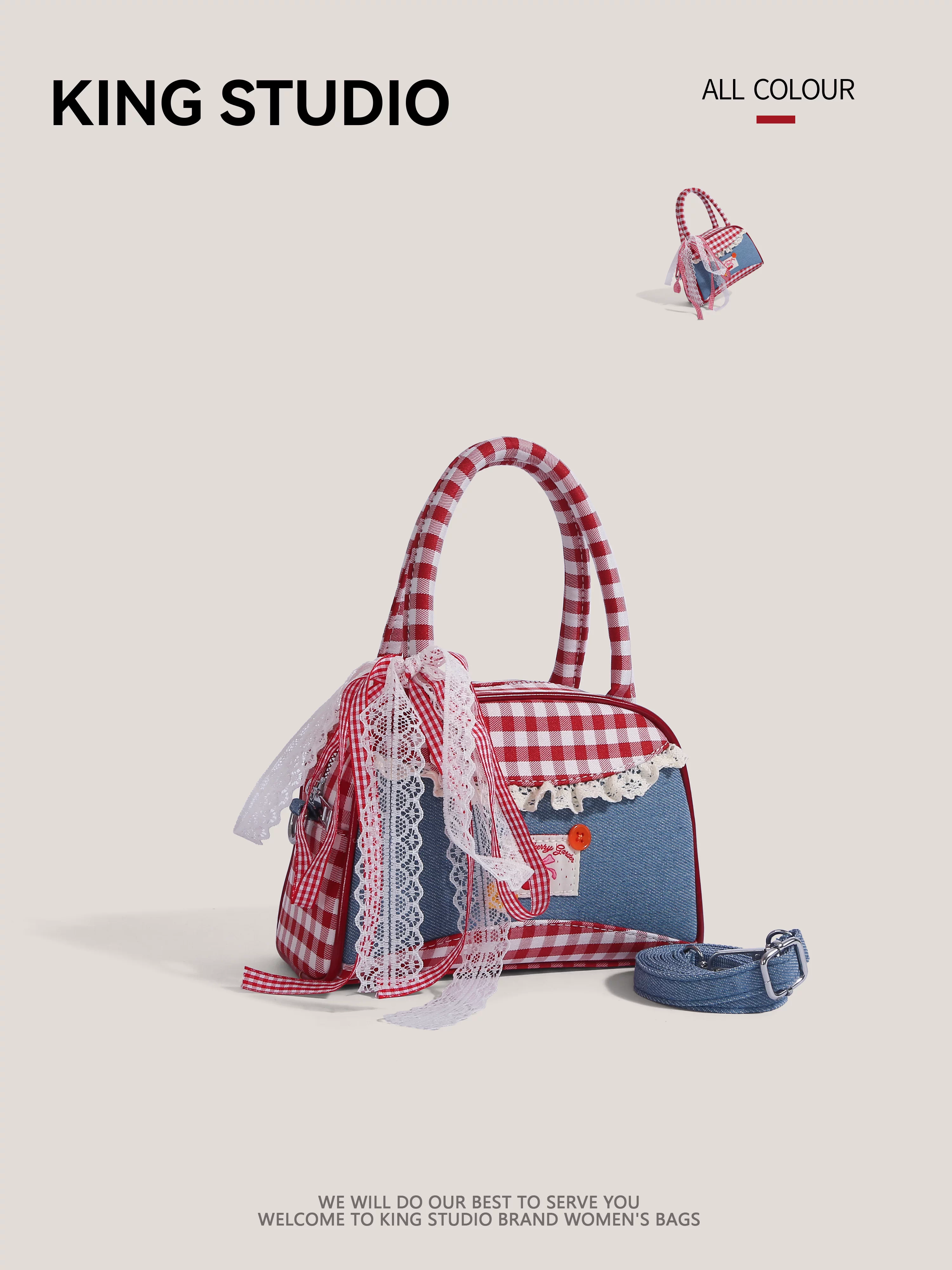 Túi xách bowling kẻ caro nơ denim thời trang nữ 2025 mới, đa năng, đeo vai, đeo chéo