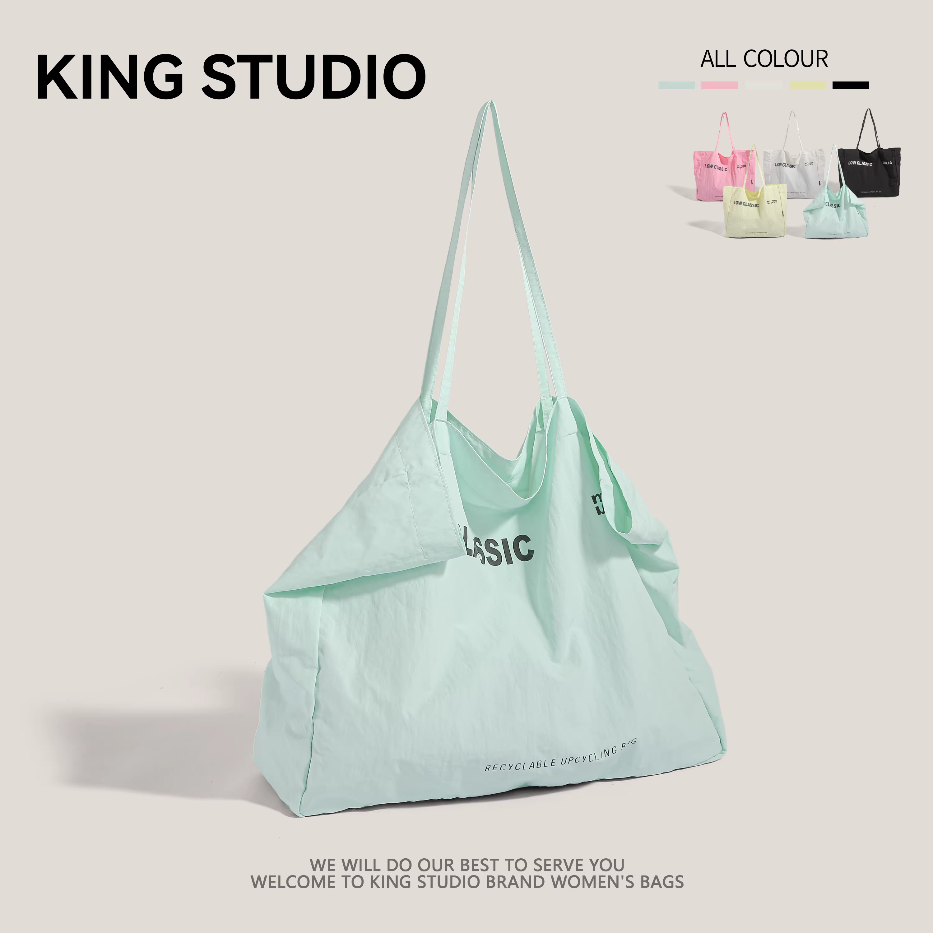 Flower and Youth - Túi cùng kiểu của Dily Reba, túi vải canvas màu vàng có chữ LOWCLASSIC, túi đeo vai dung tích lớn.