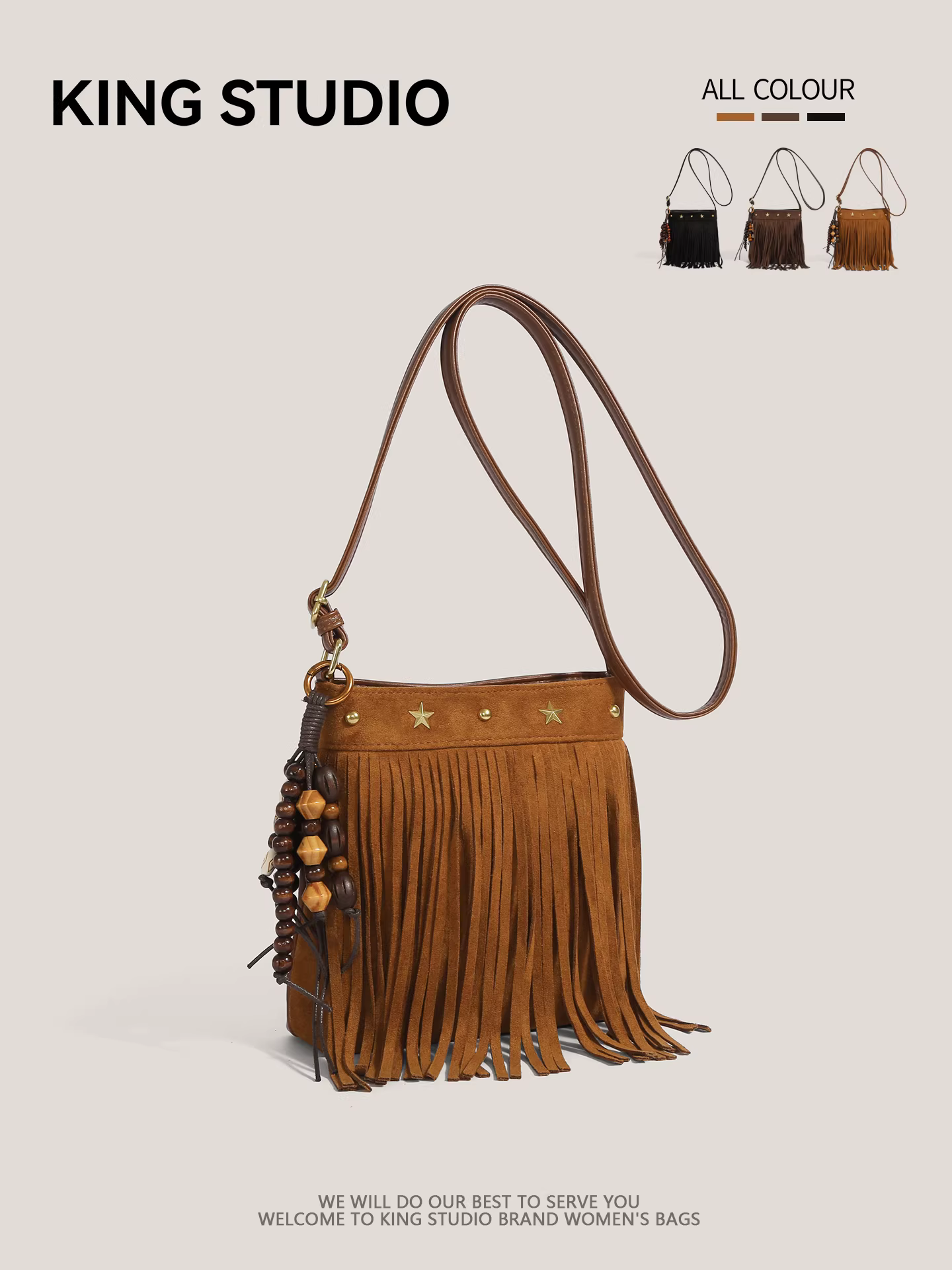 Túi đeo chéo nữ da lộn retro nhẹ nhàng, đa năng, kiểu dáng mới 2025, phong cách boho, có tua rua