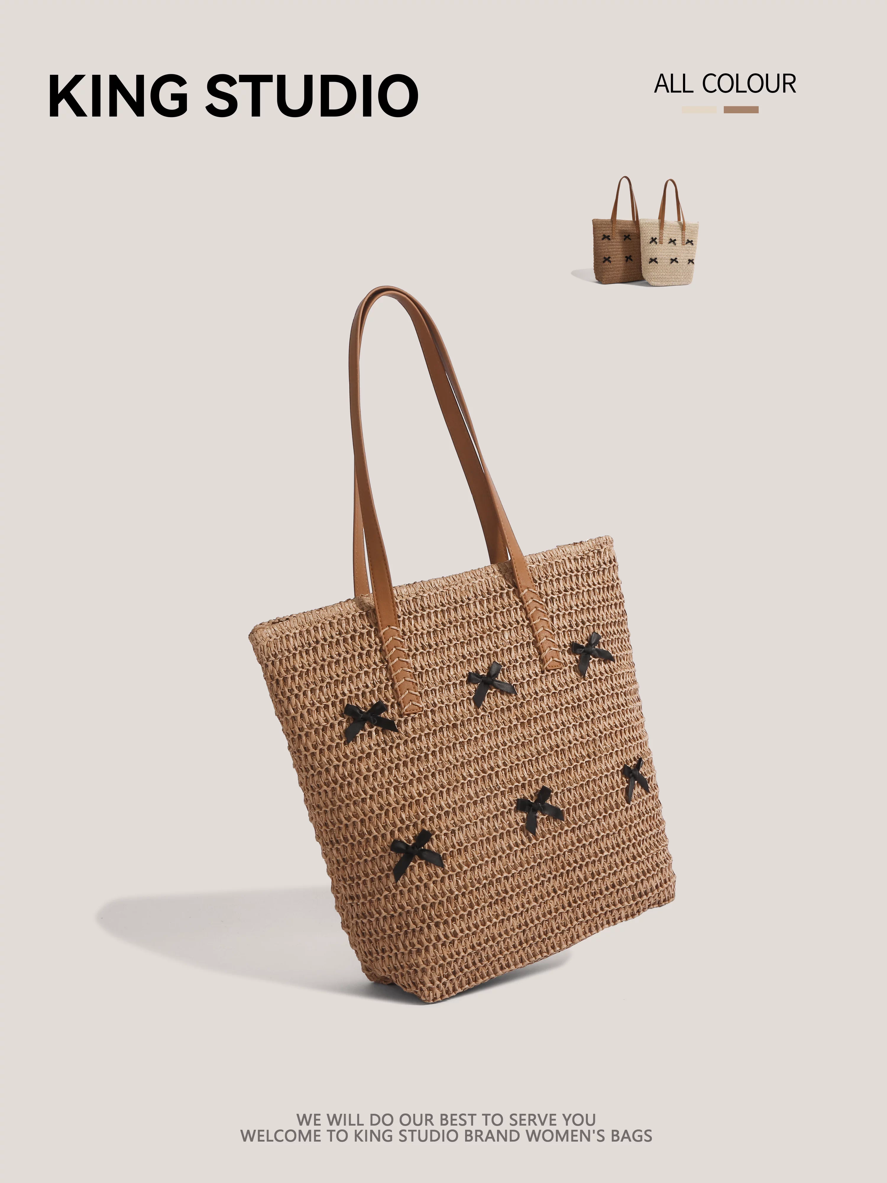 Túi cói thắt nơ dành cho nữ, mẫu mới hè 2025, phong cách nghỉ dưỡng, túi tote cỡ lớn, kiểu retro