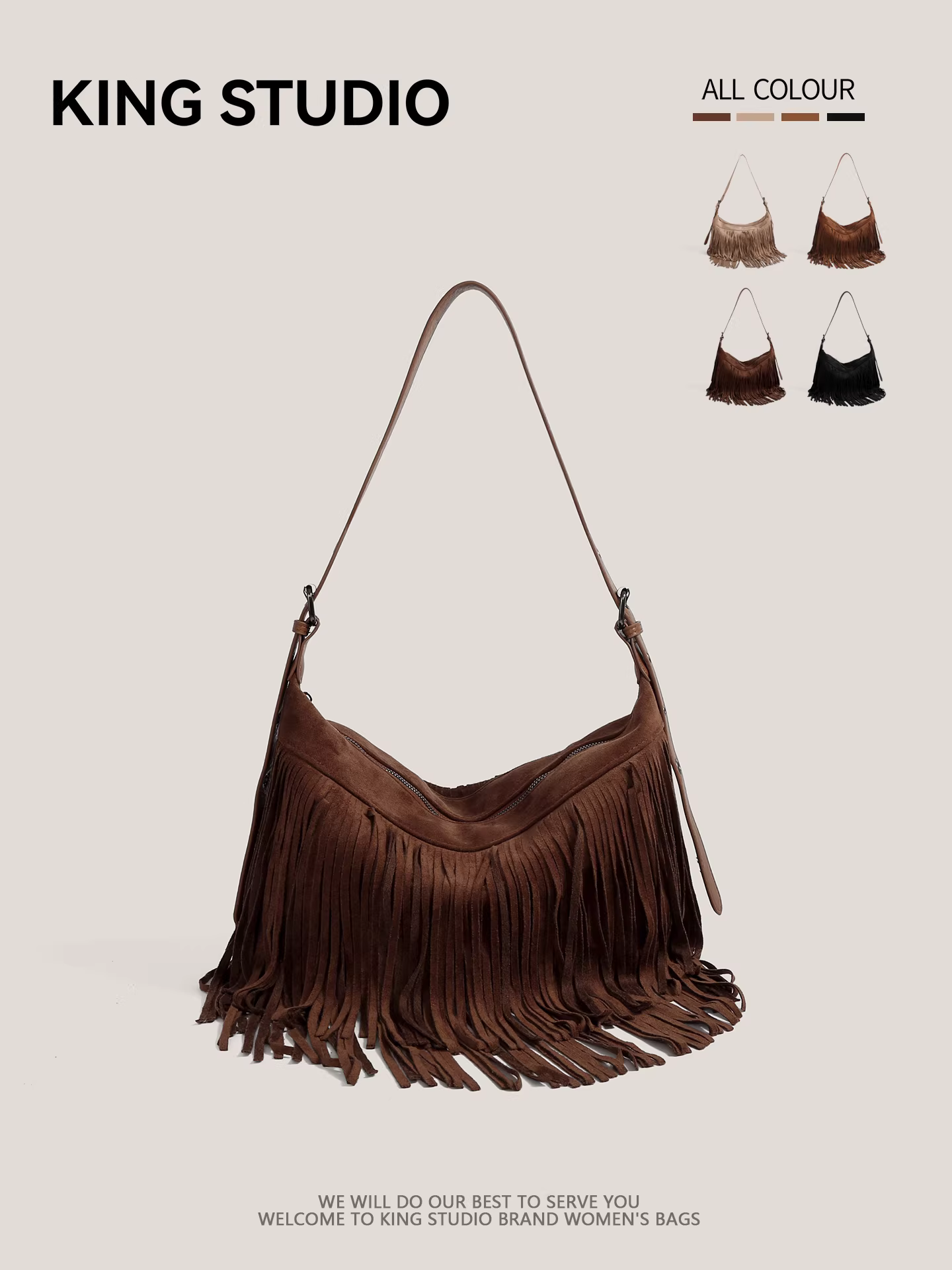 Túi đeo chéo da lộn phối tua rua thời trang cao cấp dành cho nữ, mẫu mới thu đông 2025, phong cách retro đa năng