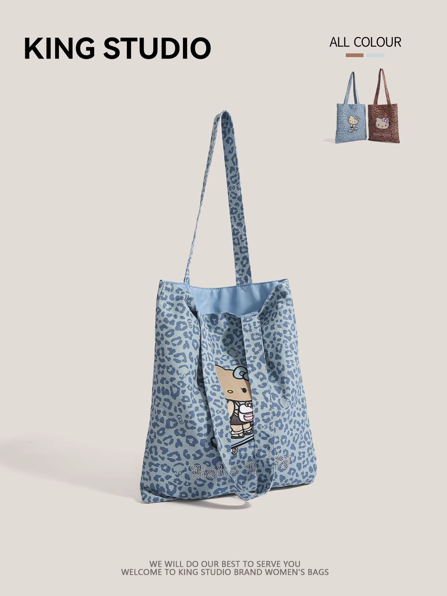 Túi vải canvas Hello Kitty dễ thương dành cho nữ, túi tote đính đá, túi đeo vai học sinh dung tích lớn, túi mua sắm