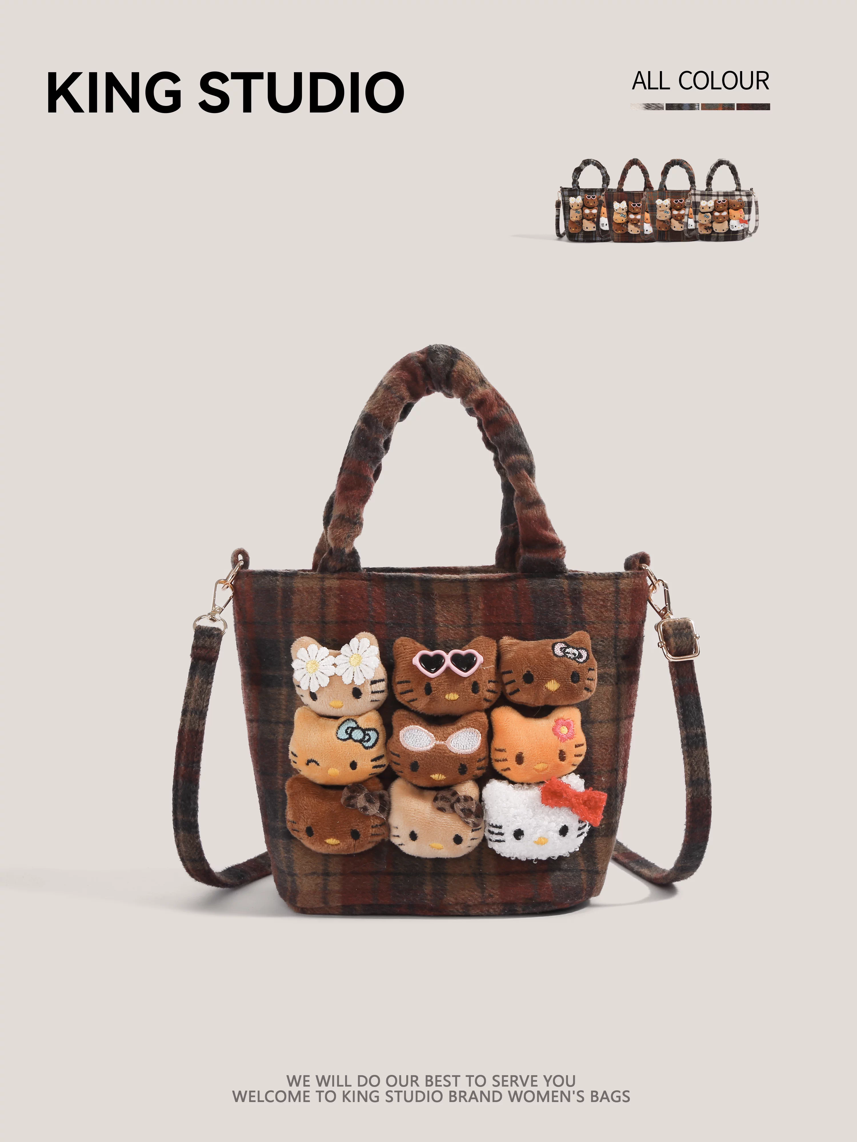 Túi xách len Hello Kitty dễ thương dành cho nữ, mẫu mới 2026, kiểu kẻ caro retro đa năng, đeo vai, đeo chéo