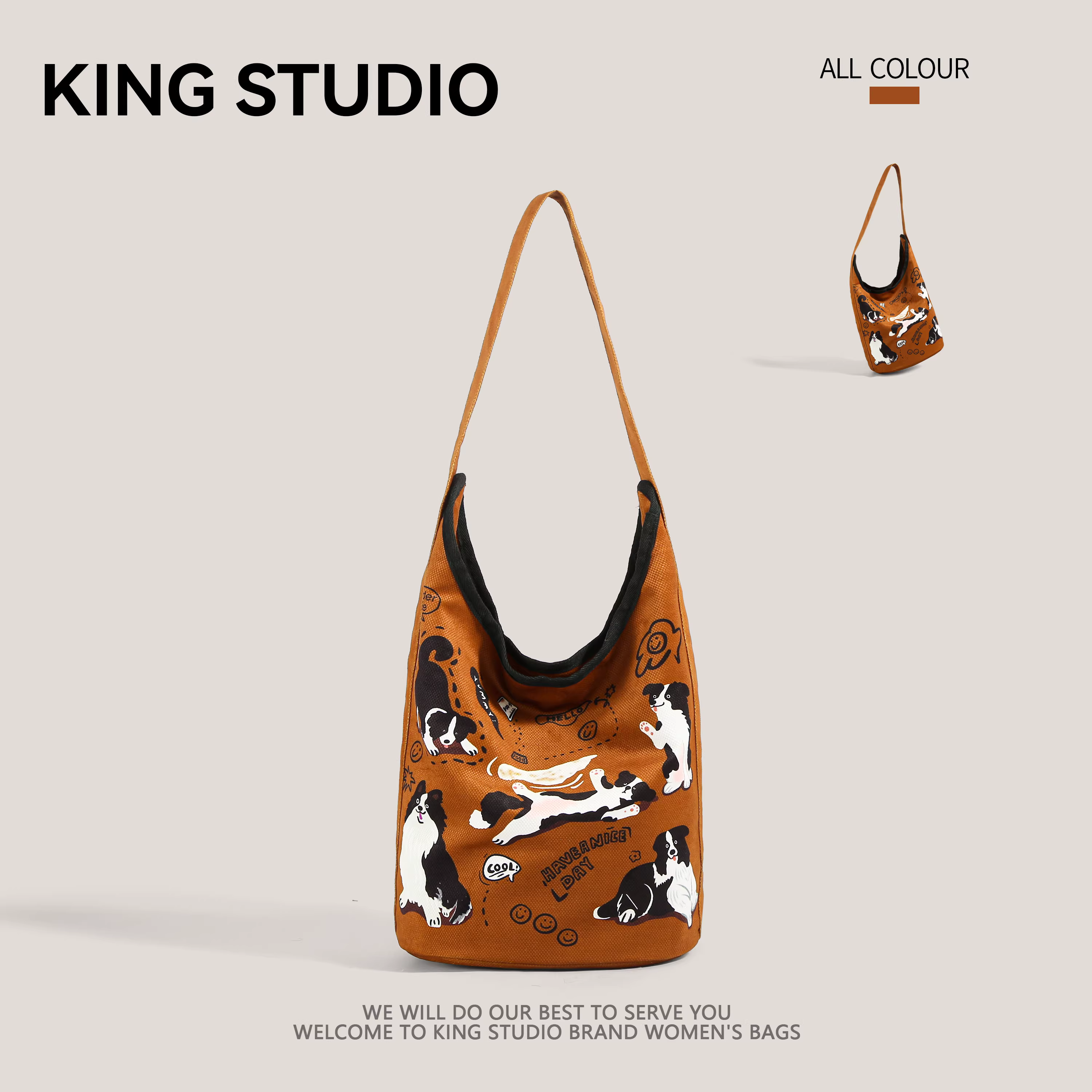 Túi đeo vai retro độc đáo dành cho nữ 2025, mẫu mới thời thượng, in hình chó dễ thương, dung tích lớn, chất liệu canvas, phong cách thường ngày