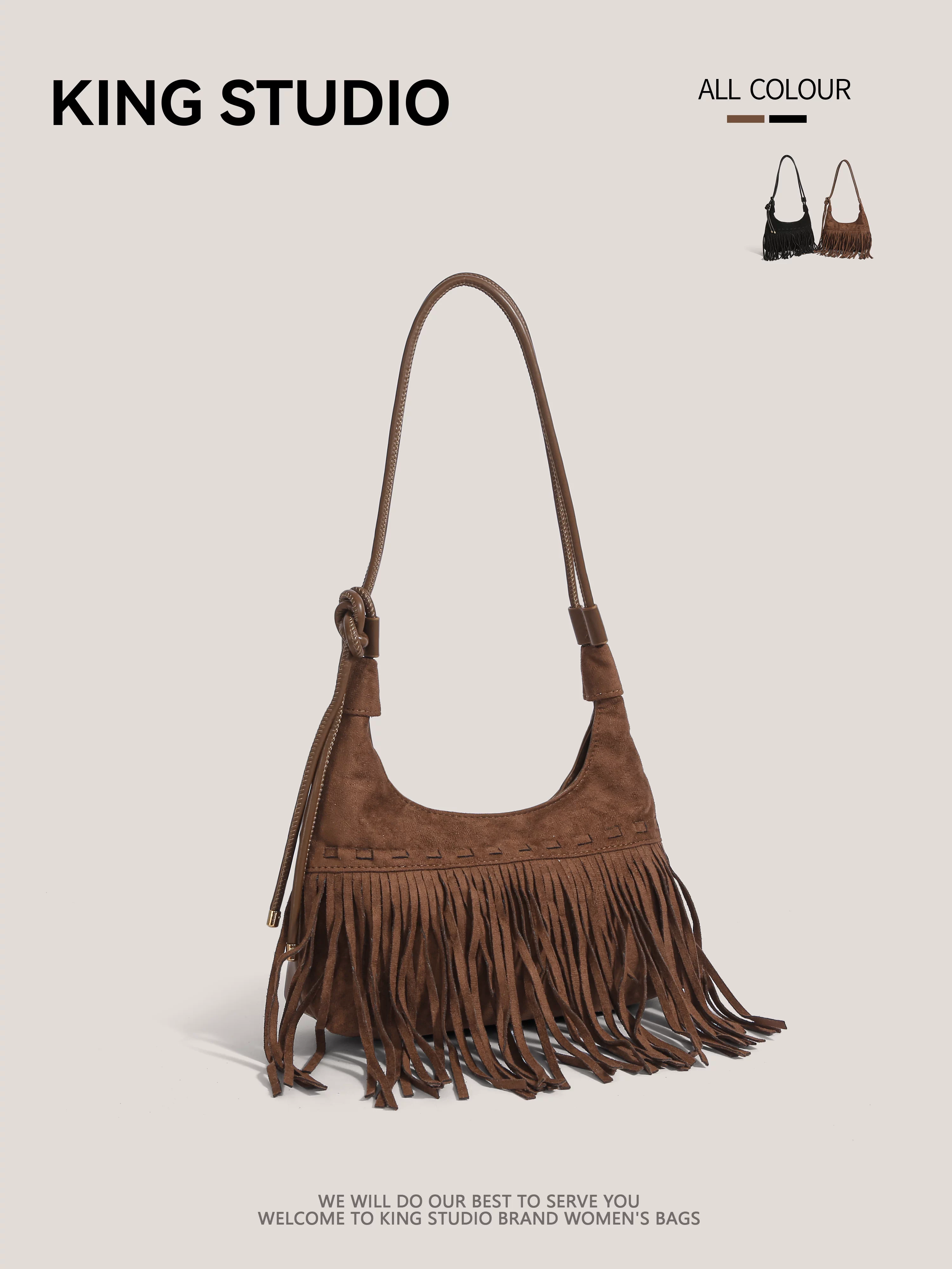 Túi đeo chéo da lộn cao cấp dành cho nữ, kiểu mới thu đông 2025, phong cách boho retro, có tua rua