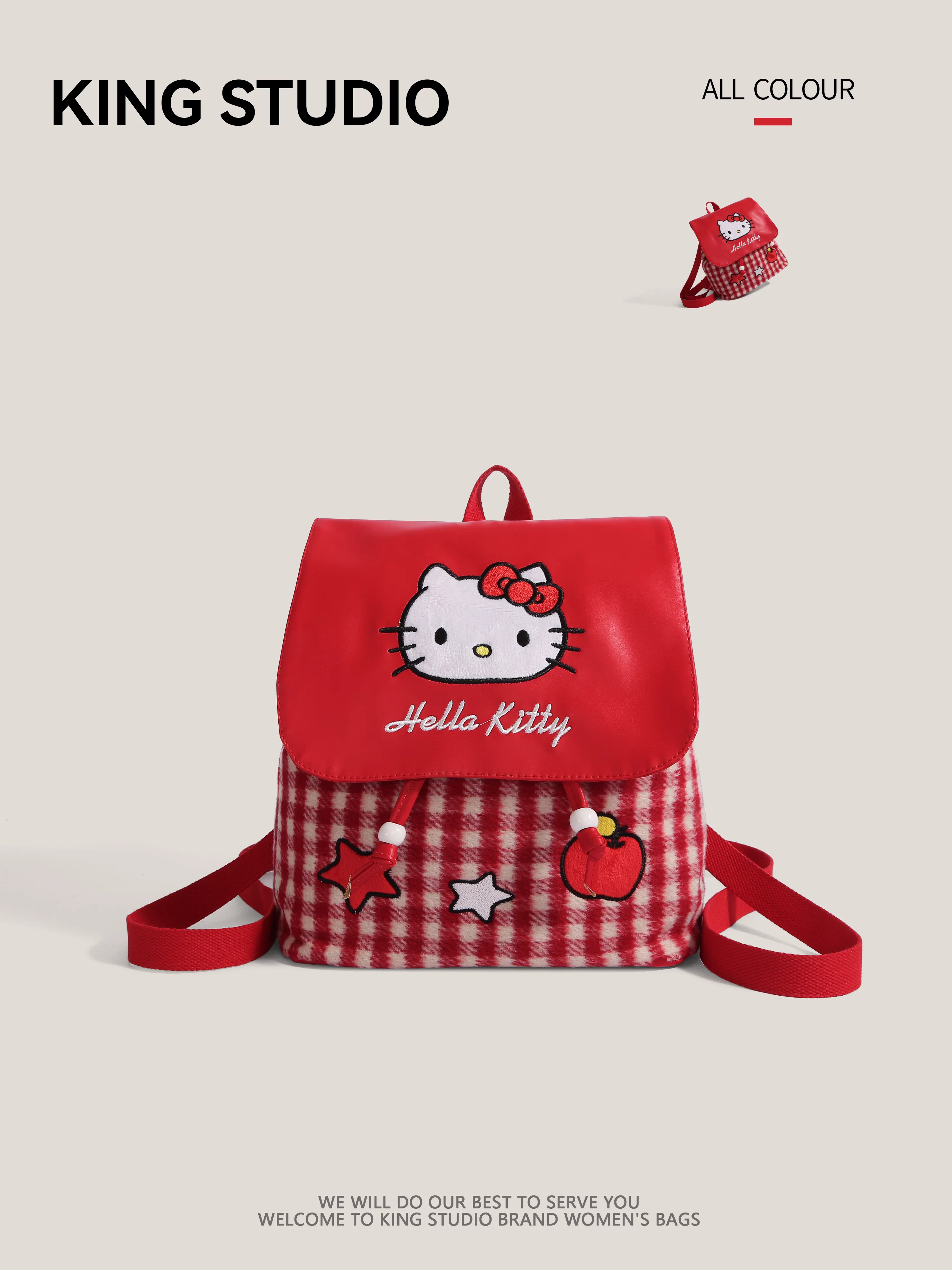 Ba lô Hello Kitty kẻ caro đỏ dễ thương dành cho nữ, mẫu mới 2025, ba lô đi làm hoạt hình Hello Kitty thời thượng