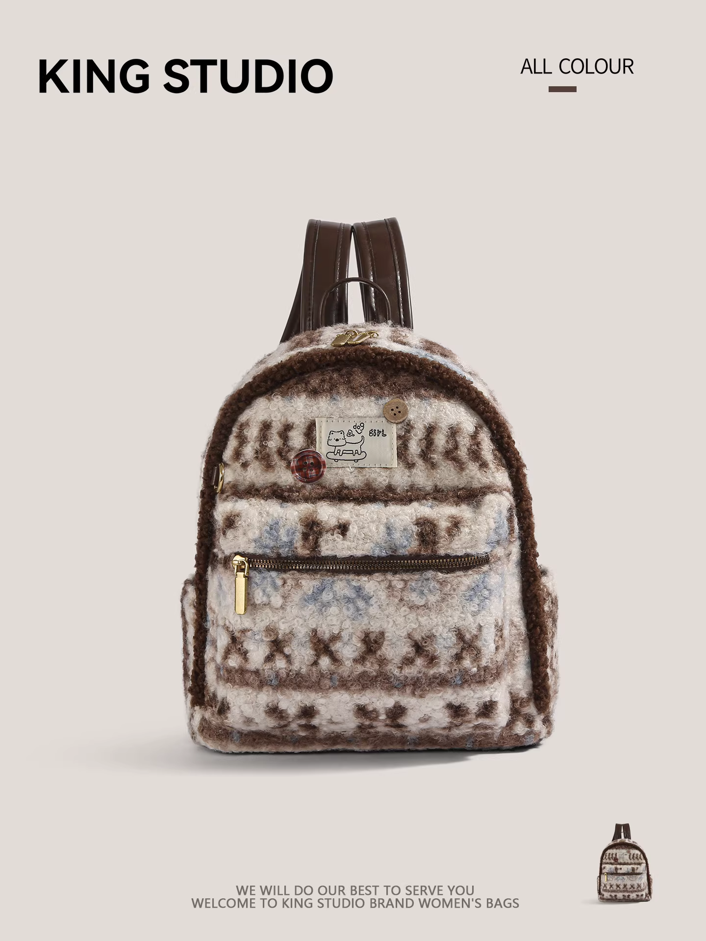 Ba lô len phong cách Fair Isle dễ thương dành cho nữ, mẫu mới 2026, thời trang, chất liệu lông mềm mại, balo học sinh, balo đi học, dung tích lớn