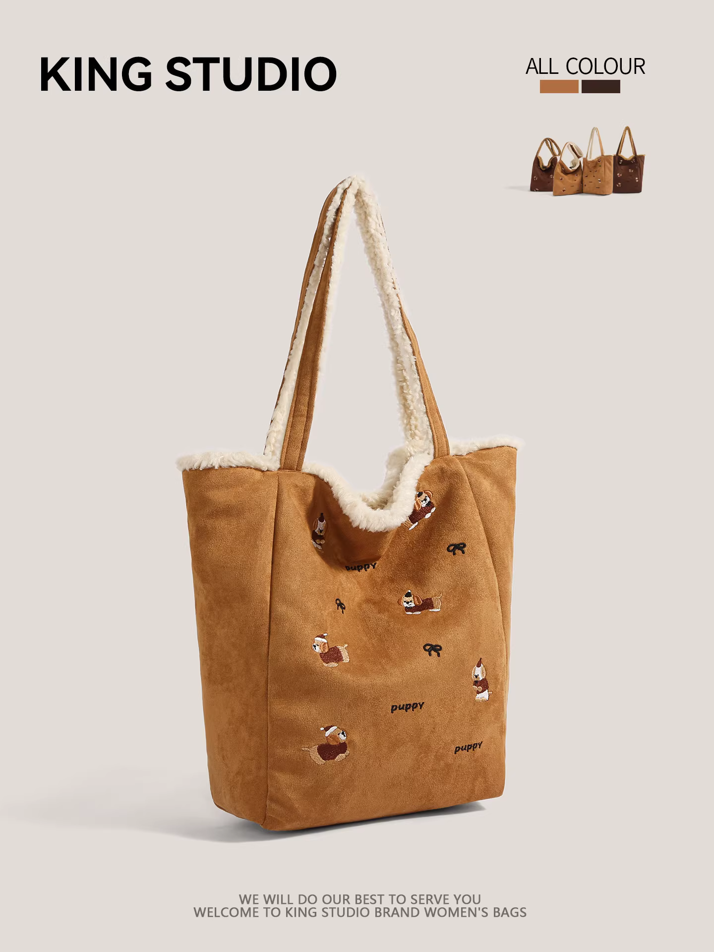 Túi tote lông cừu Dachshund dễ thương dành cho nữ Thu/Đông 2025, túi đeo vai đi làm cỡ lớn, túi lông mềm mại