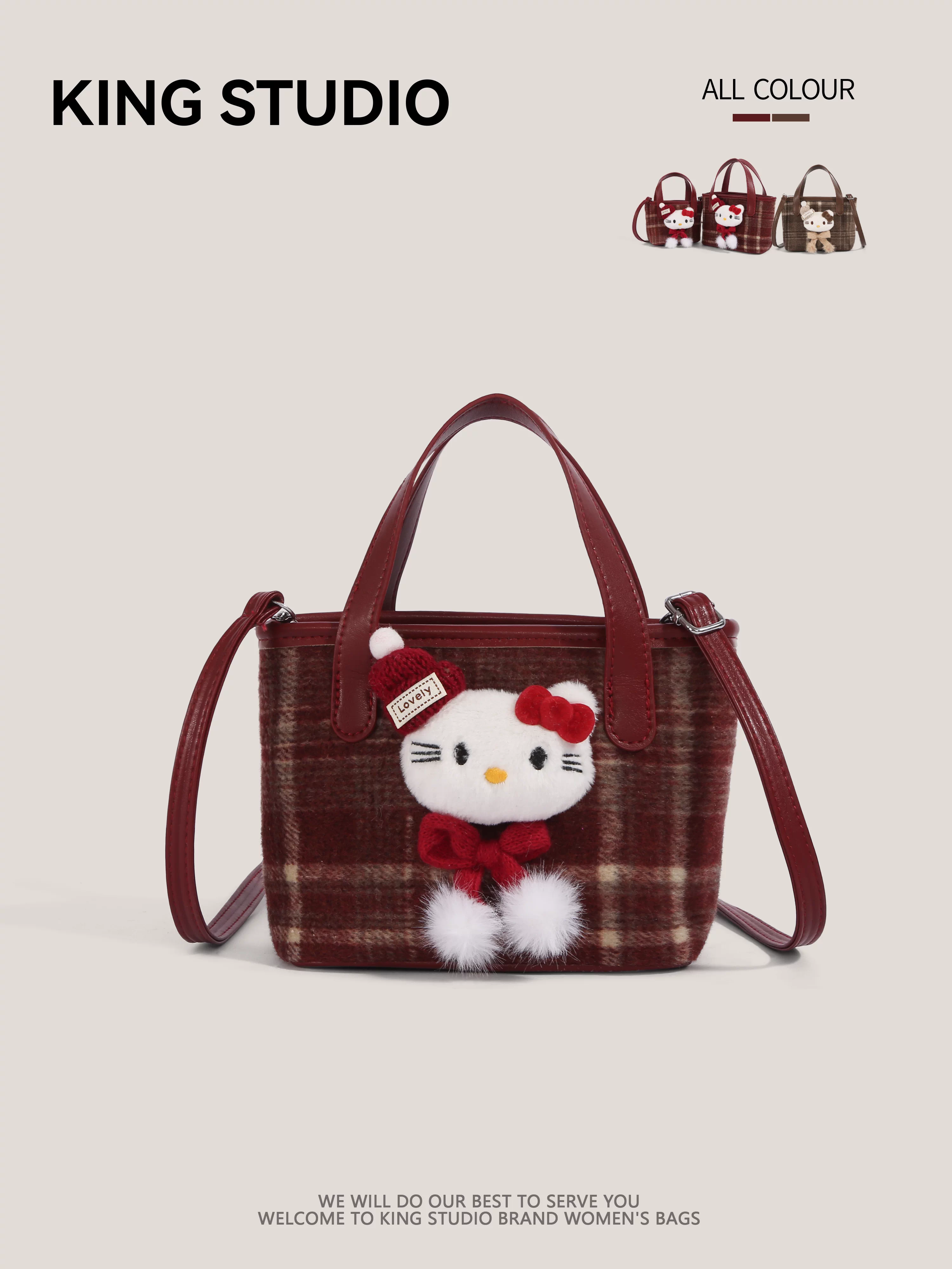 Túi xách Hello Kitty dễ thương dành cho nữ, kiểu mới 2026, chất liệu len kẻ caro hoạt hình, đeo vai/chéo