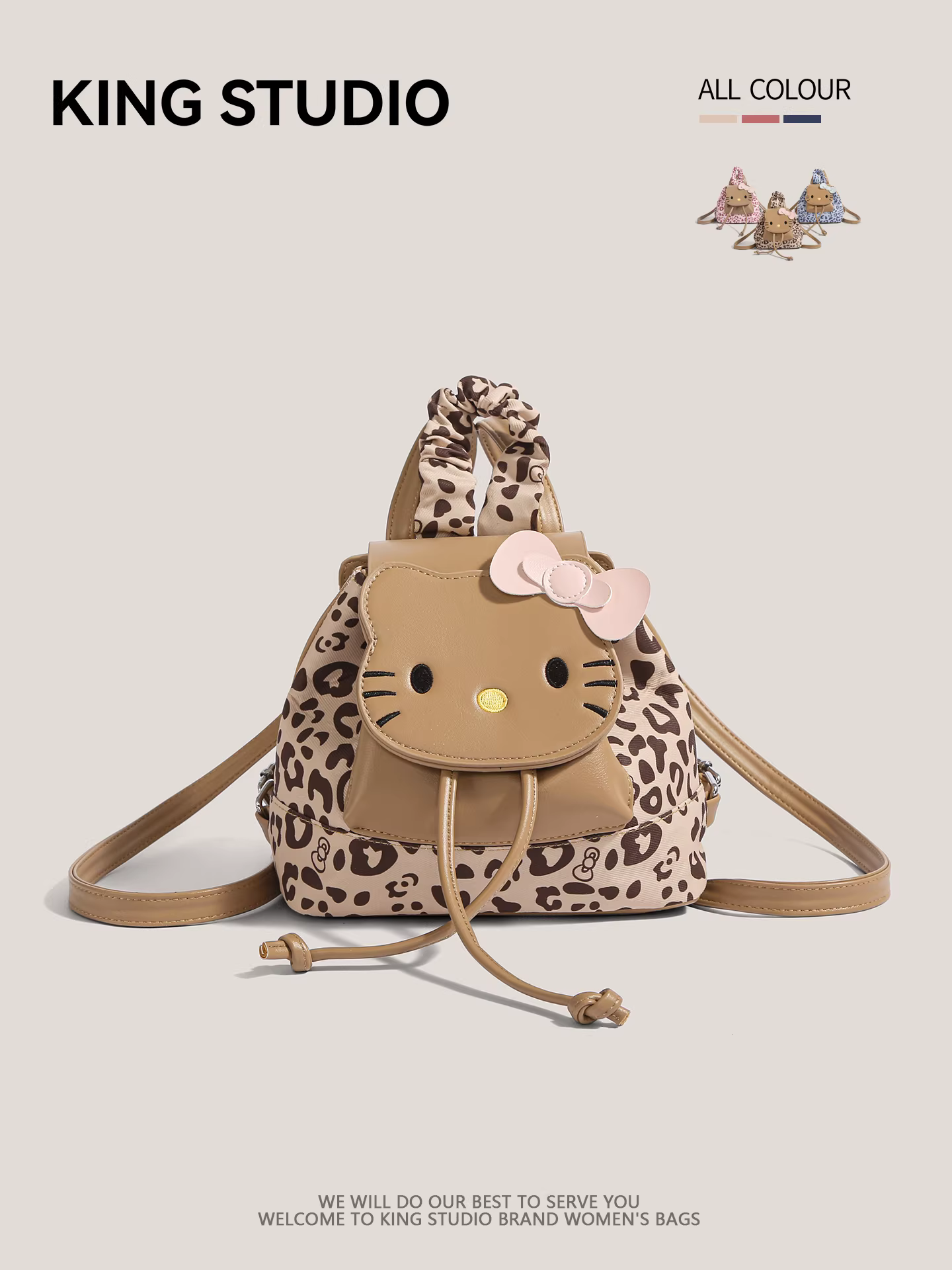 Ba lô in hình báo đốm Hello Kitty dễ thương dành cho nữ, mẫu mới 2025, phong cách thời trang đại học, ba lô mini hoạt hình Hello Kitty