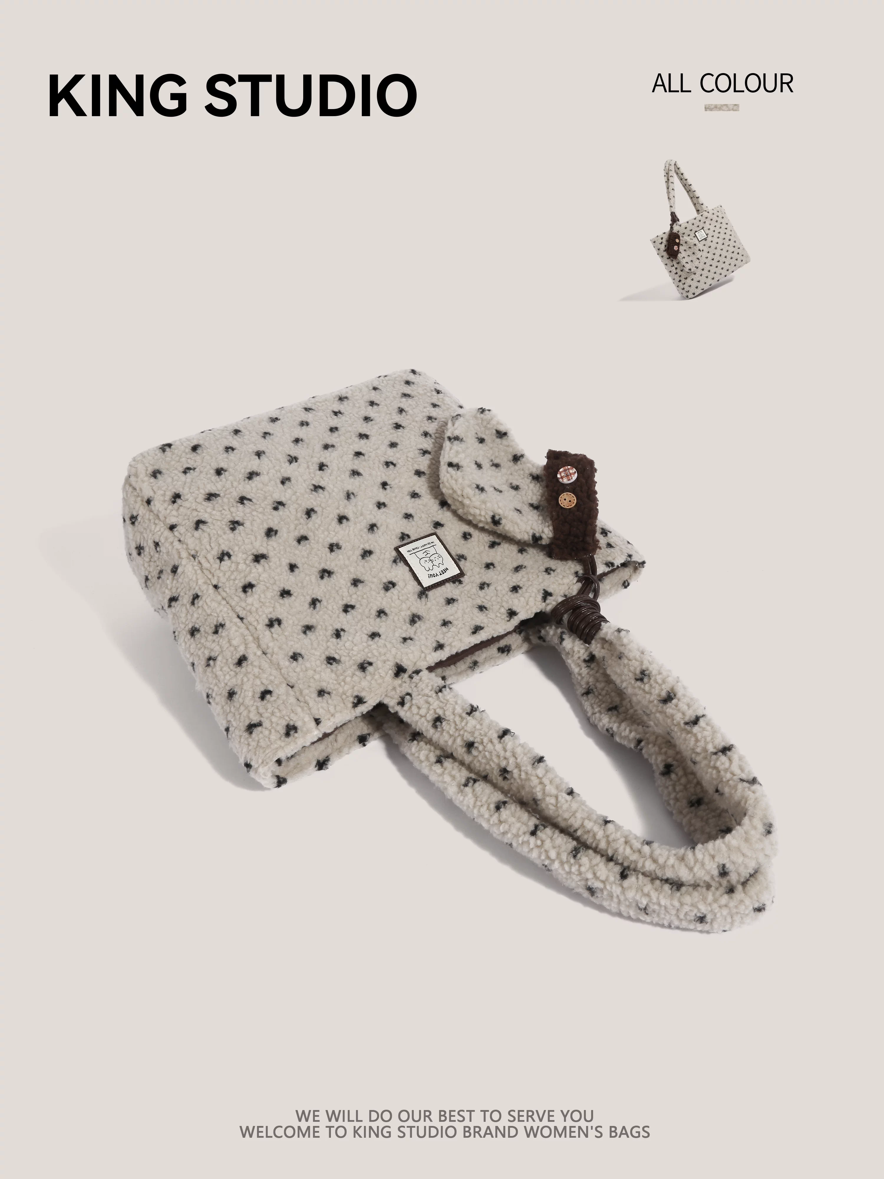 Túi tote len cừu chấm bi phong cách Hàn Quốc dành cho nữ, mẫu mới 2026, thời thượng, độc đáo, retro, đa năng, đeo vai, đi làm