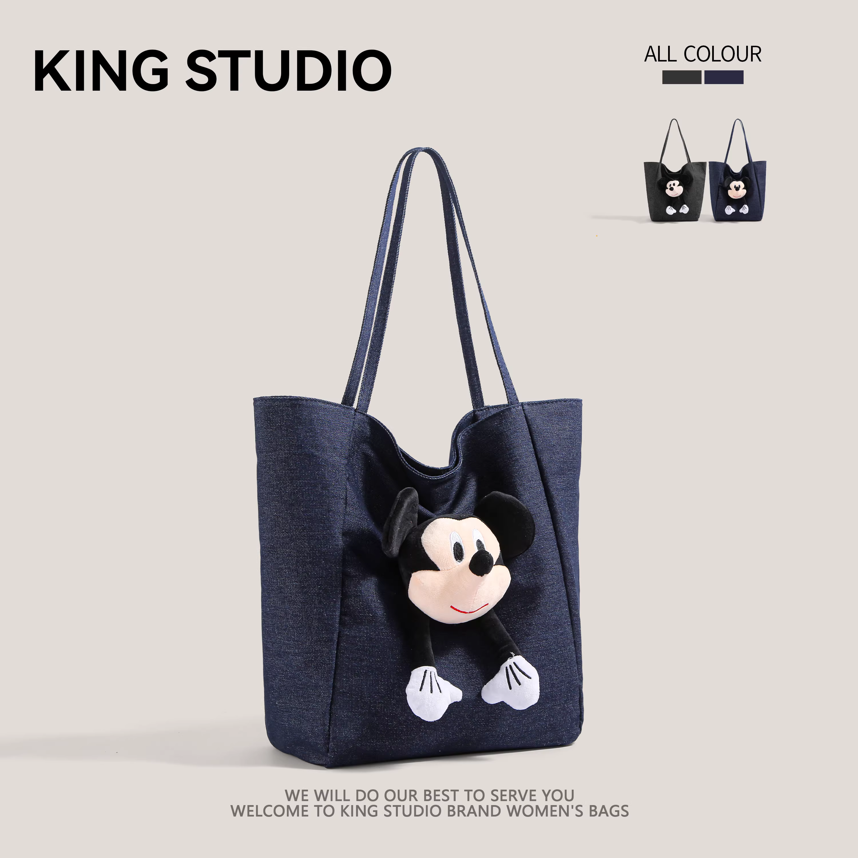 Túi denim cỡ lớn dành cho nữ, mẫu mới thu đông 2025, phong cách học sinh, họa tiết hoạt hình Mickey, túi tote dung tích lớn, túi đi chợ