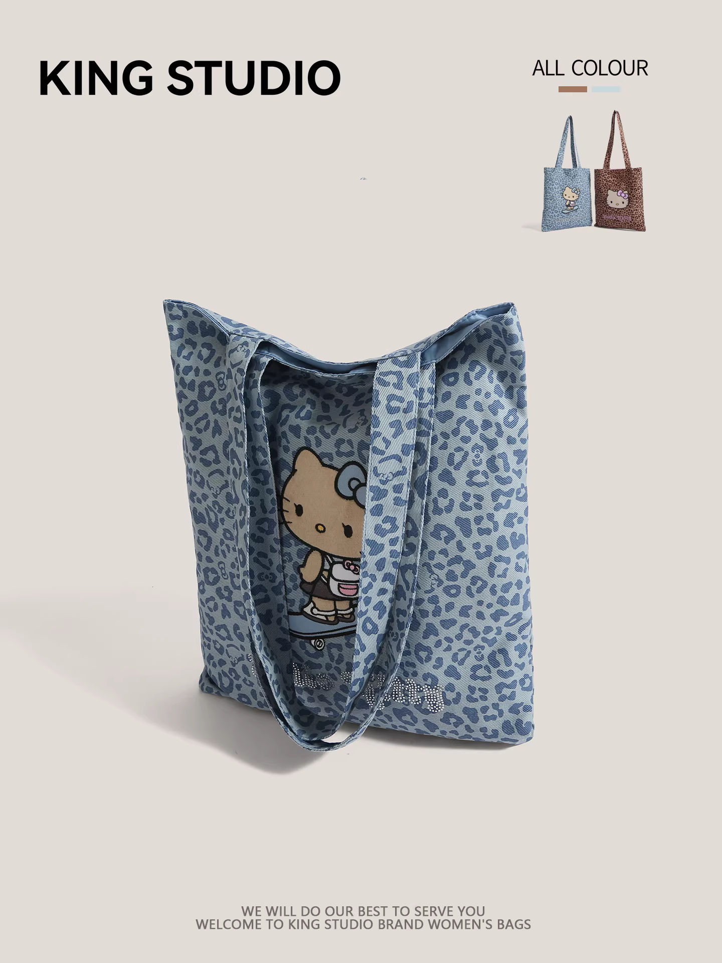 Túi vải canvas Hello Kitty dễ thương dành cho nữ, túi tote đính đá, túi đeo vai học sinh dung tích lớn, túi mua sắm