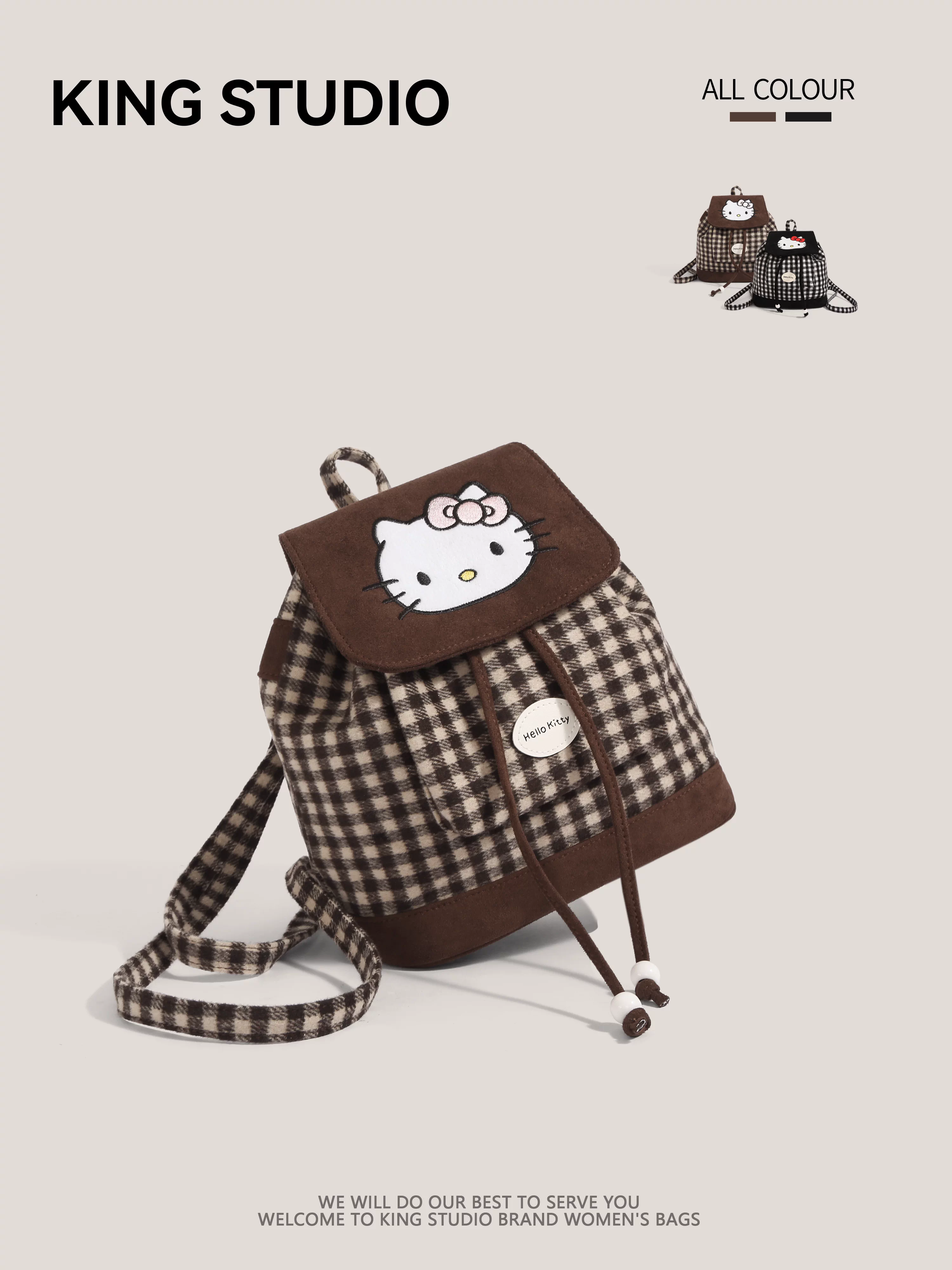 Ba lô Hello Kitty kẻ caro dễ thương dành cho nữ, mẫu mới 2025, thời trang hoạt hình Kitty, đa năng, dùng đi làm