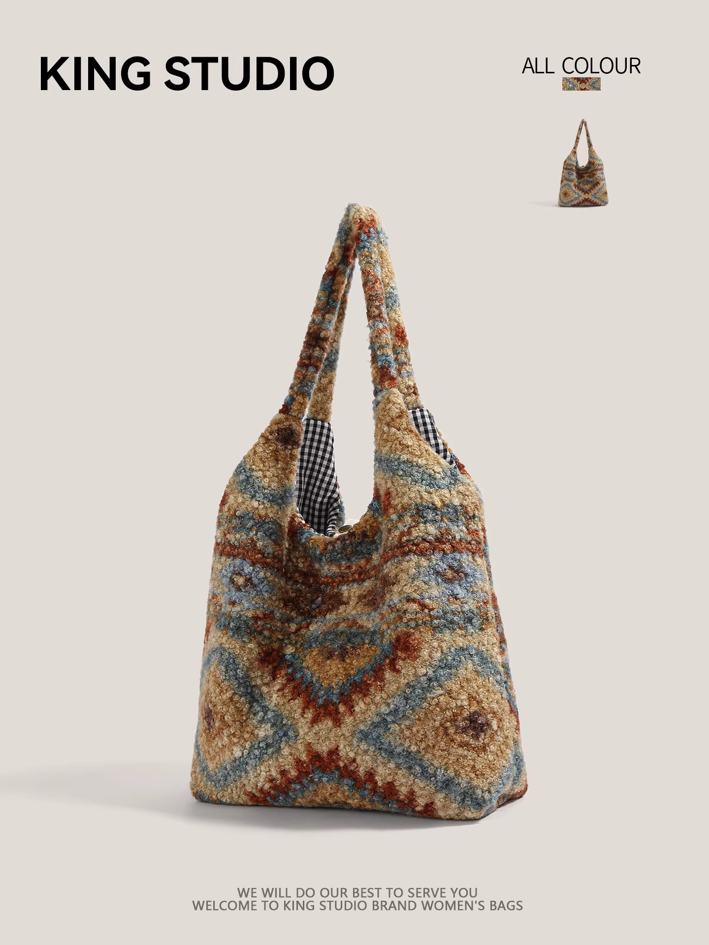 Túi đeo vai nữ phong cách dân tộc retro kẻ ca rô lông mềm, mẫu mới 2026, dung tích lớn, đa năng, kiểu dáng độc đáo